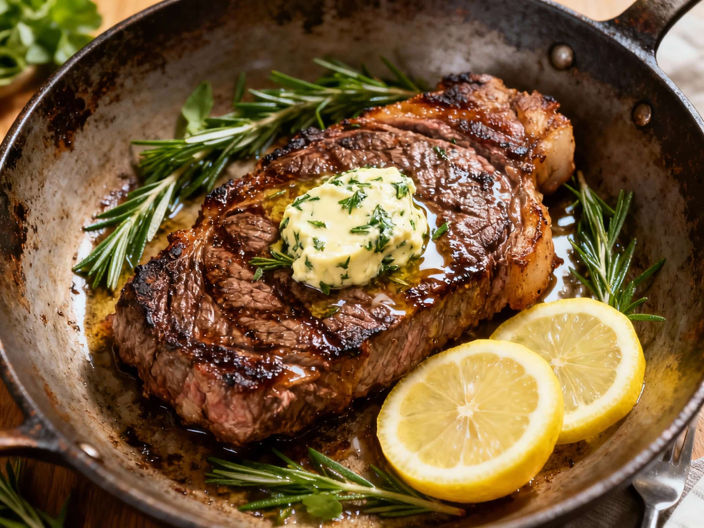 A thick, juicy Bistecca alla Fiorentina, grilled to perfection and resting on a rustic wooden board, is topped with melting lemon-herb butter and garnished with fresh rosemary sprigs.