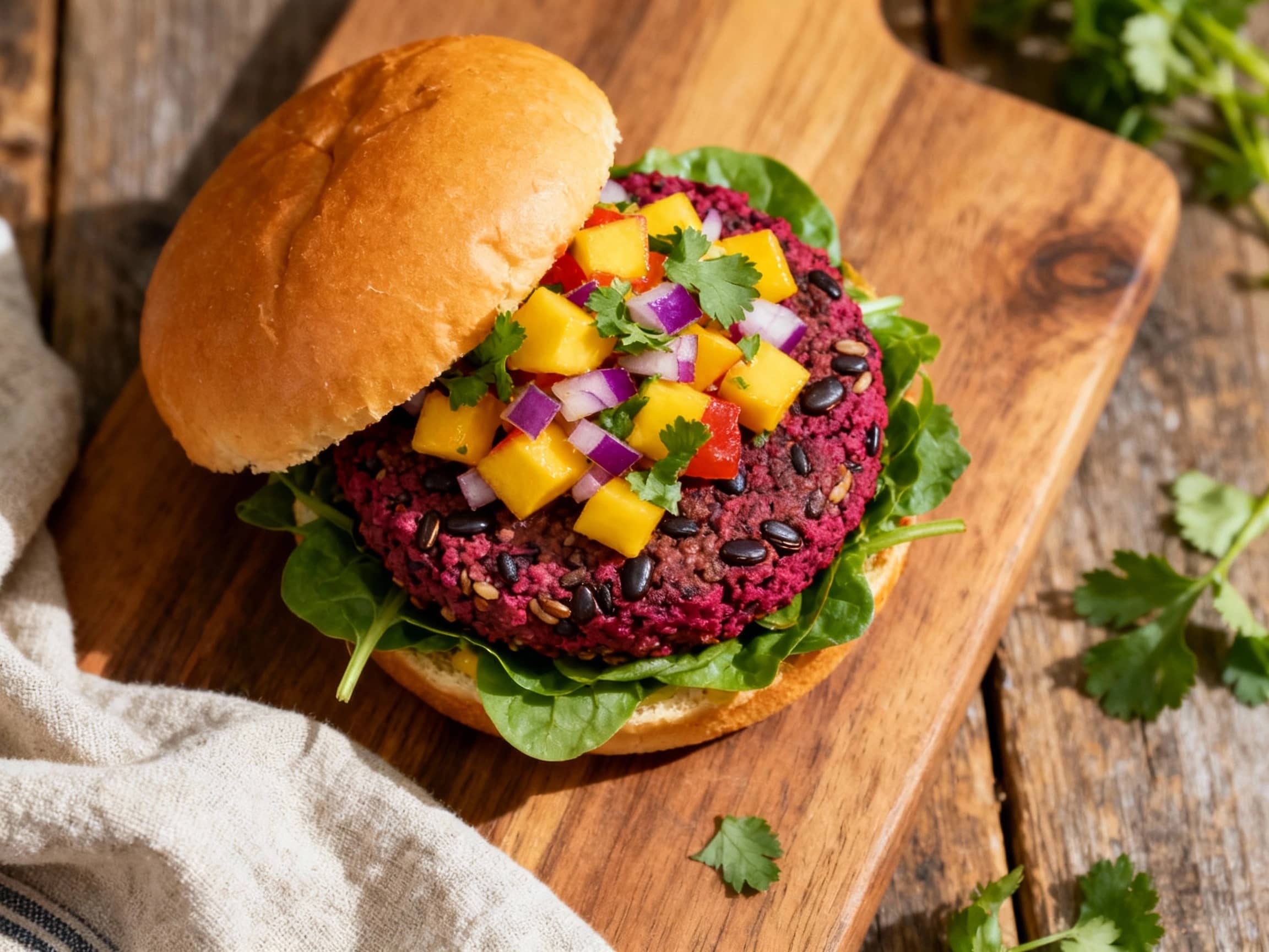 A vibrant, dark purple beet and black bean quinoa burger is topped with a colorful, fresh mango salsa and served on a sunny side on a rustic plate.