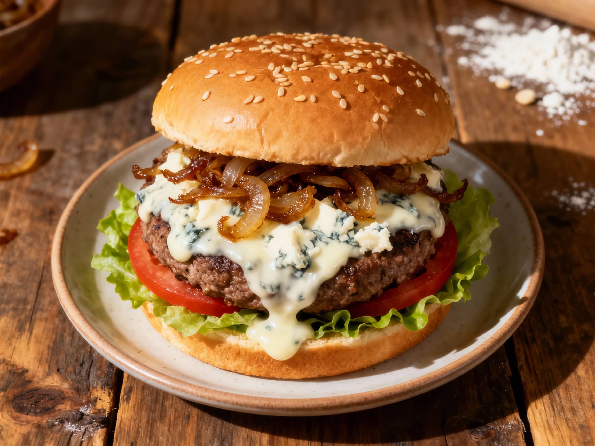 A hearty blue cheese burger is topped with sweet, golden caramelized onions and stacked on a toasted bun, ready to be devoured.