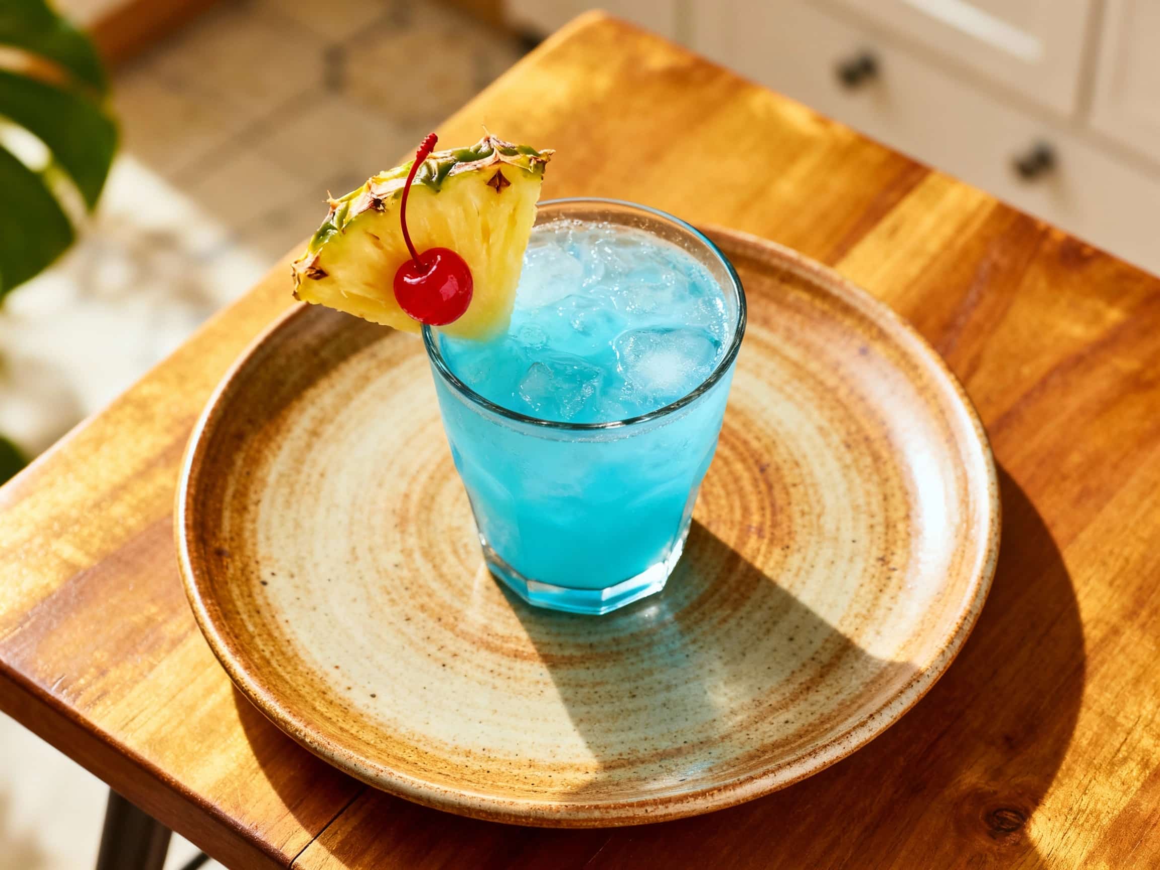 A stunning blue Hawaiian cocktail, served in a tall, elegant hurricane glass, brimming with crushed ice. A vibrant green pineapple wedge perches on the rim, accompanied by a bright red maraschino cherry. The drink itself is a mesmerizing oceanic blue, with soft, creamy white streaks swirling within, suggesting richness from coconut. The light glistening on the glass indicates a cold, refreshing be