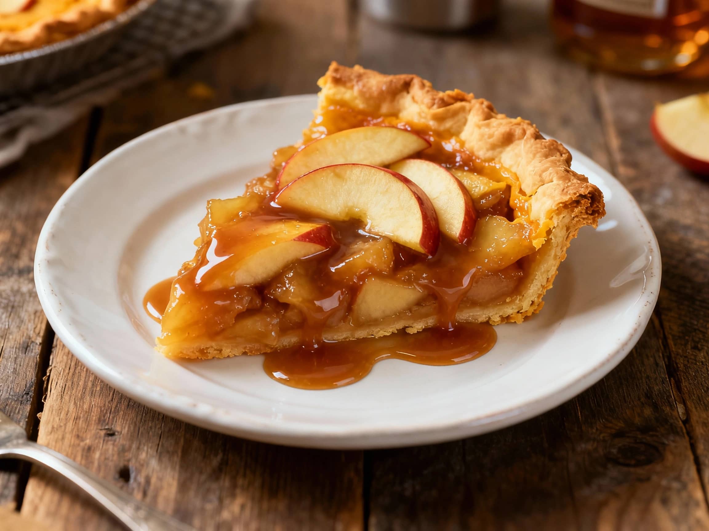 A slice of golden apple pie, topped with sticky bourbon caramel and a rustic cheddar cheese crust, sits invitingly on a white plate, ready to be enjoyed.