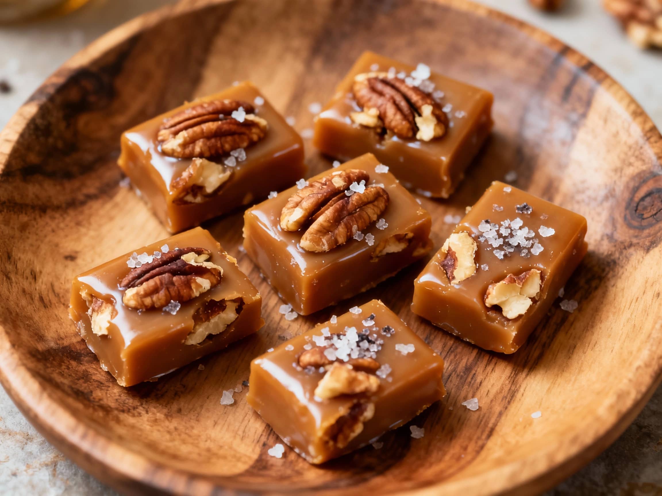 Golden, chewy bourbon pecan caramels glisten on a parchment-lined tray, topped with flaky, smoky sea salt for a sophisticated, sweet, and savory treat.