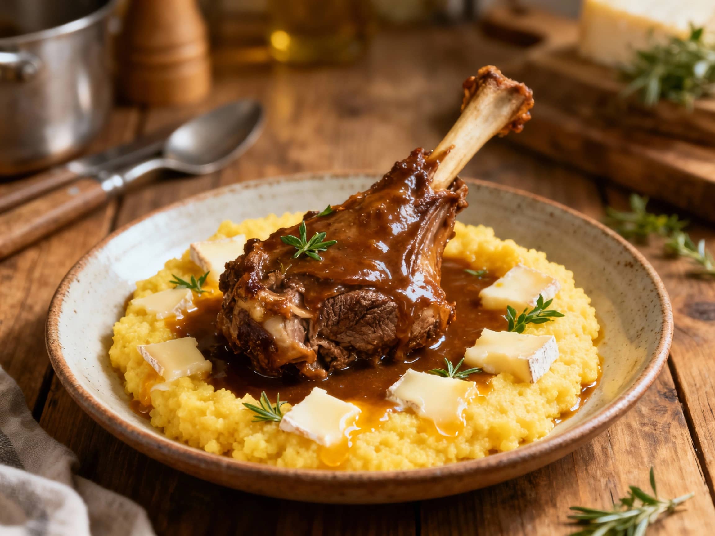 Tender, fall-off-the-bone braised lamb shanks glisten in a rich sauce, served atop creamy, decadent Queijo da Serra polenta, garnished with fresh rosemary sprigs.