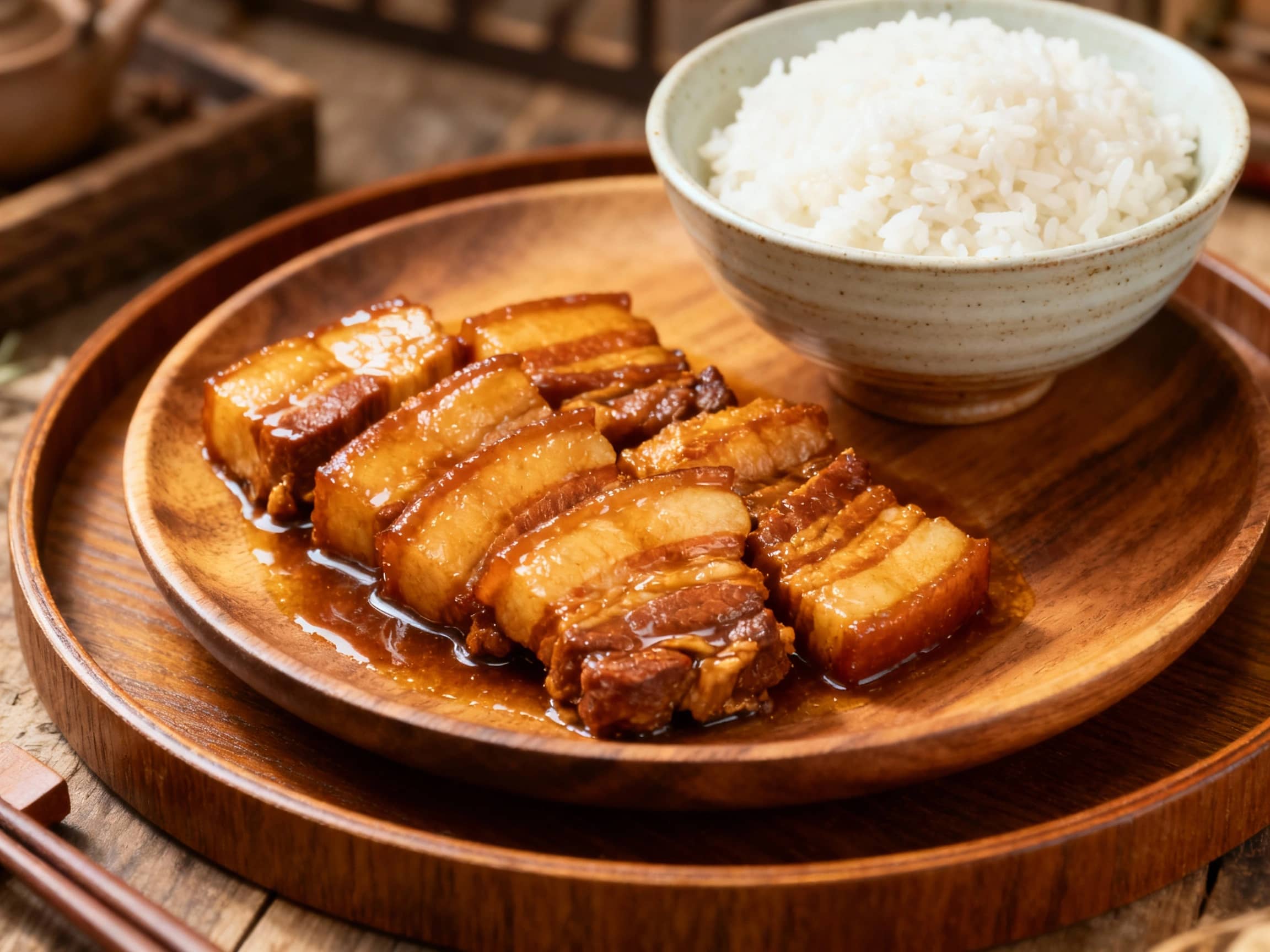 Tender, succulent thick-cut braised pork belly slices are glistening in their rich, dark sauce, topped with a vibrant green scallion garnish.