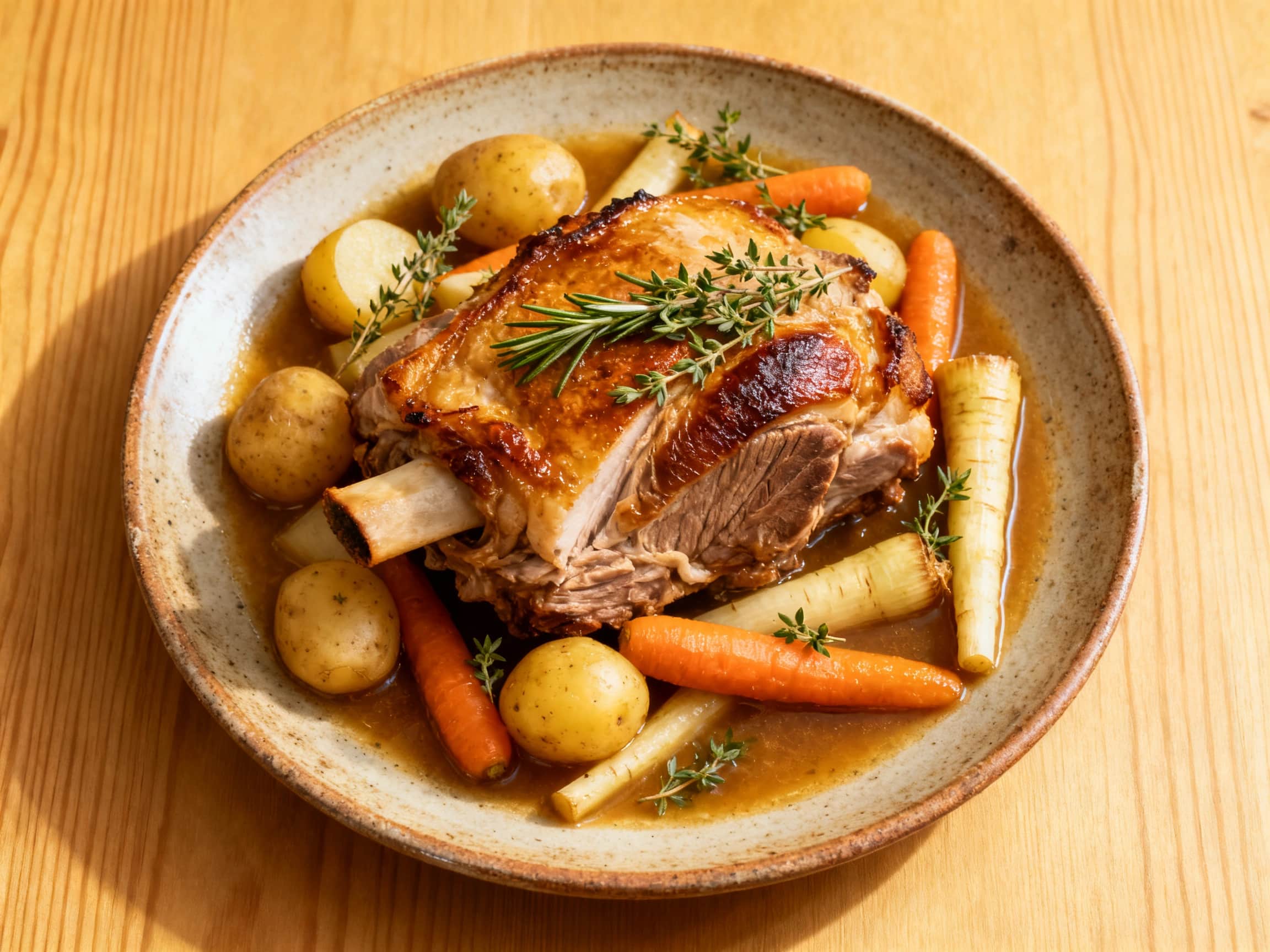 A heartwarming, overhead view of a rustic ceramic casserole dish brimming with succulent, pull-apart braised pork shoulder. Bright orange carrots, creamy yellow potatoes, and tender parsnips are nestled amongst the pork, all bathed in a rich, savory gravy. Fresh green sprigs of rosemary are artfully placed on top, adding a vibrant garnish to this comforting, home-cooked meal, ready to be served on