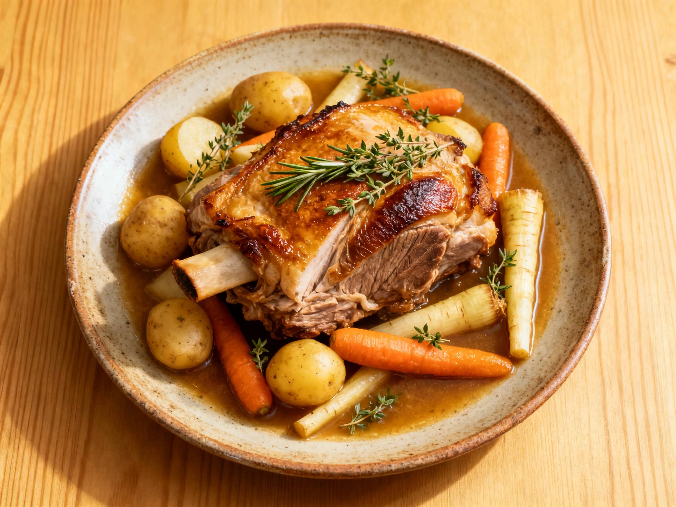 A heartwarming, overhead view of a rustic ceramic casserole dish brimming with succulent, pull-apart braised pork shoulder. Bright orange carrots, creamy yellow potatoes, and tender parsnips are nestled amongst the pork, all bathed in a rich, savory gravy. Fresh green sprigs of rosemary are artfully placed on top, adding a vibrant garnish to this comforting, home-cooked meal, ready to be served on