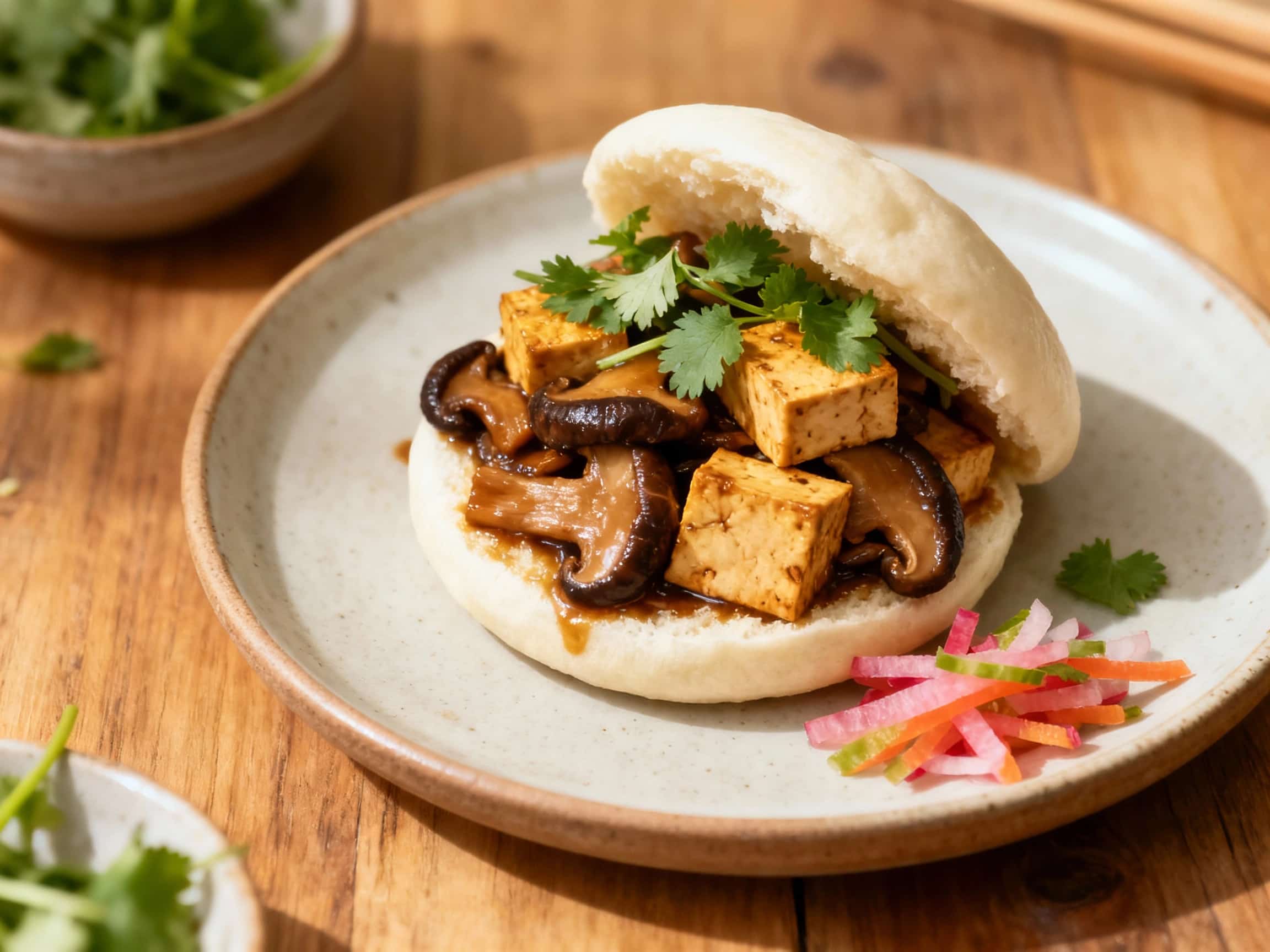 Soft, pillow-like steamed buns cradle tender braised shiitake mushrooms and savory tofu, garnished with fresh cilantro and a drizzle of chili oil for a vibrant and flavorful bite.