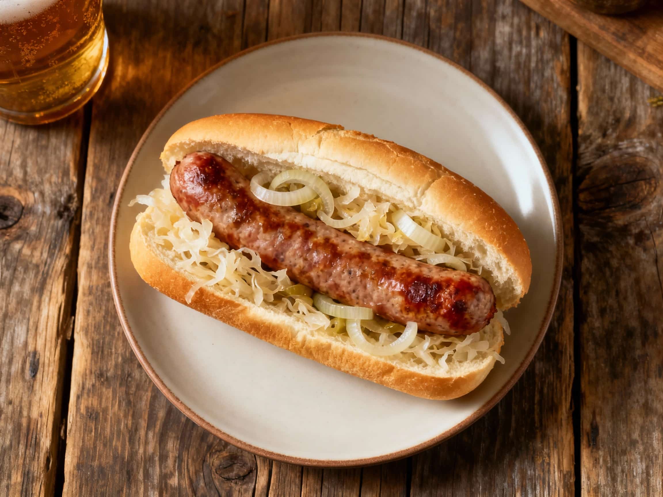 A hearty grilled bratwurst nestled in a toasted bun, generously topped with glistening beer-infused onions and tangy sauerkraut, served on a rustic wooden board with a warm, inviting glow.