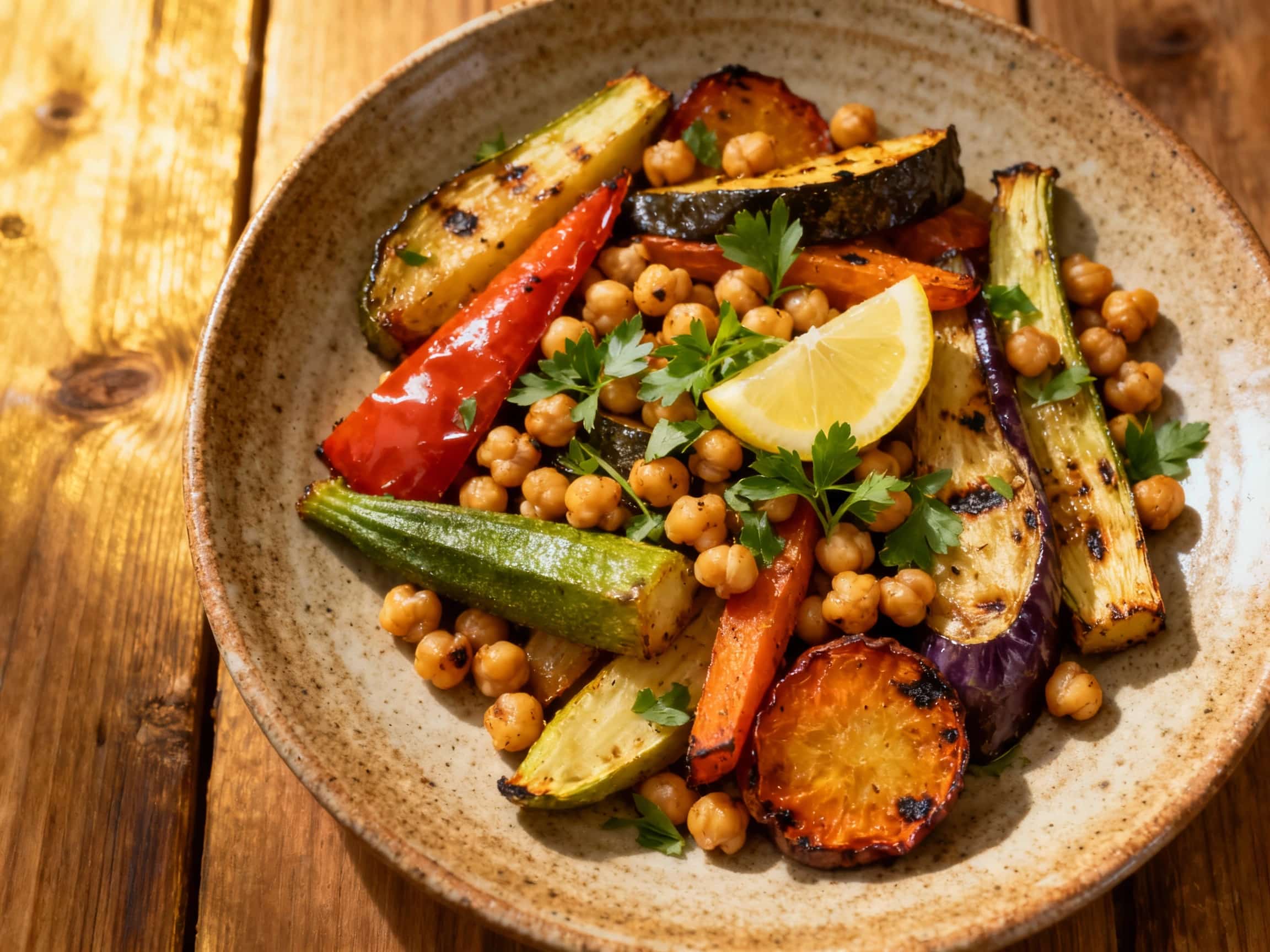 A rustic, golden-brown baked Greek vegetable casserole brims with tender zucchini, potatoes, and tomatoes, generously studded with fluffy chickpeas and brightened by a lemon-herb finish.