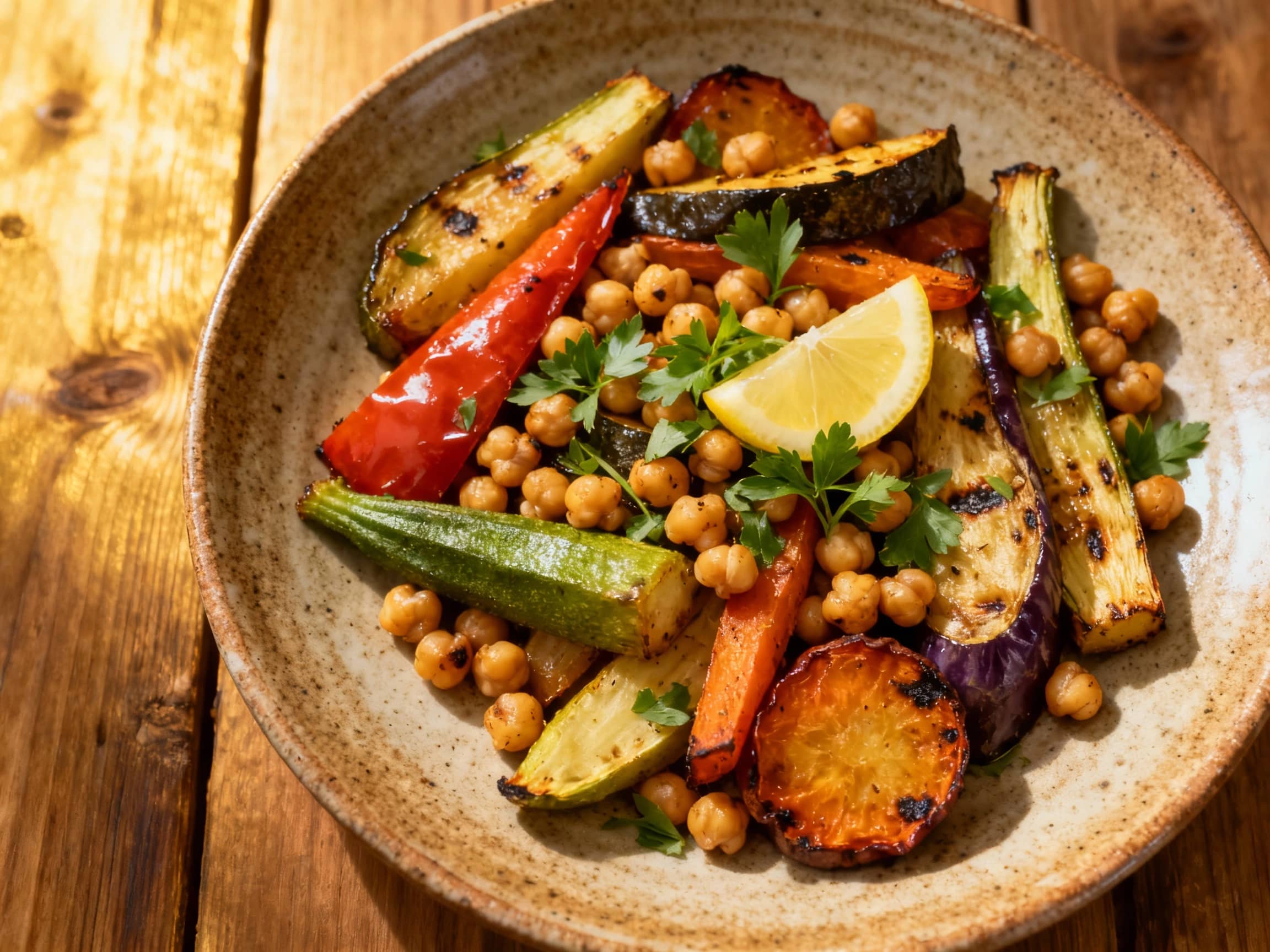 A rustic, golden-brown baked Greek vegetable casserole brims with tender zucchini, potatoes, and tomatoes, generously studded with fluffy chickpeas and brightened by a lemon-herb finish.