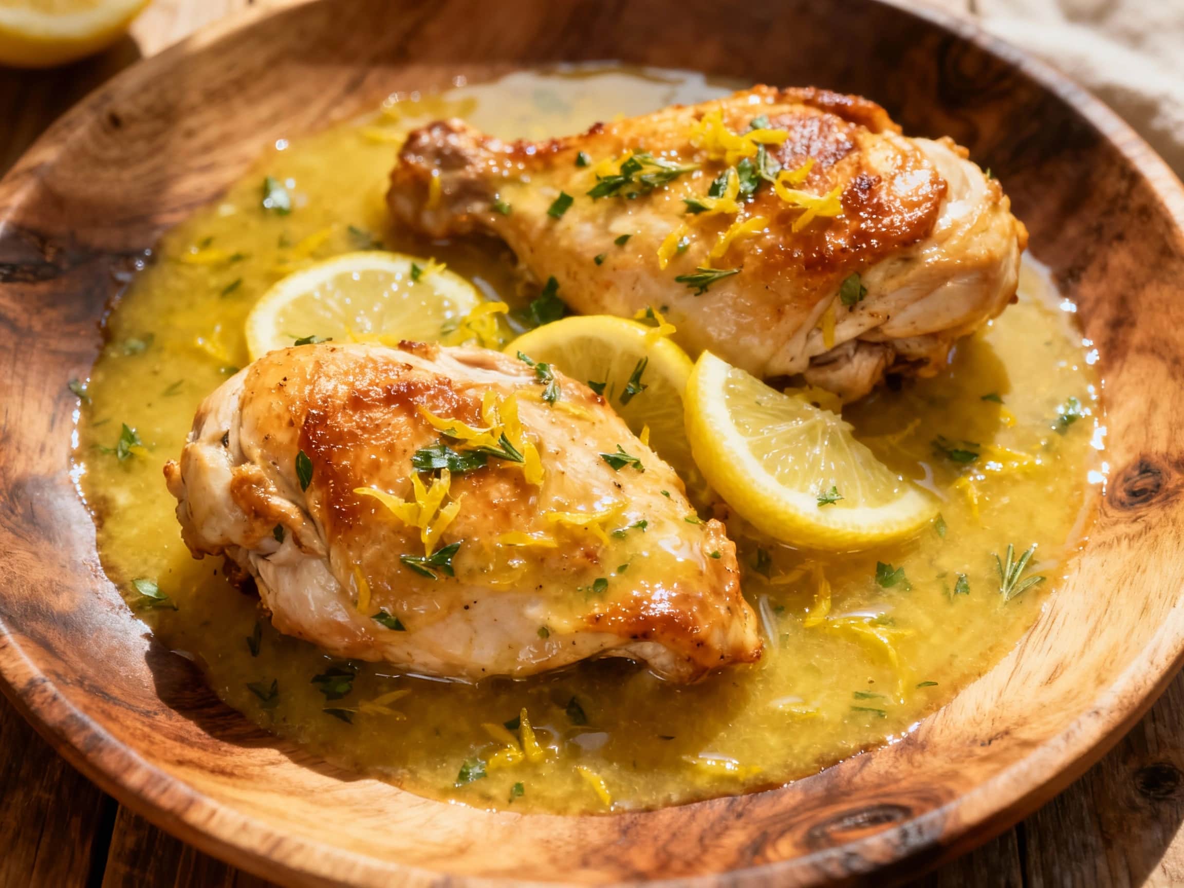 A close-up of a succulent pan-seared chicken breast generously coated in a bright, glossy lemon herb pan sauce, served on a plain white plate. The sauce, speckled with green herbs and lemon zest, shimmers under soft lighting, inviting one to taste. The background is gently out of focus, suggesting a home kitchen setting, emphasizing the dish's freshness and comfort.