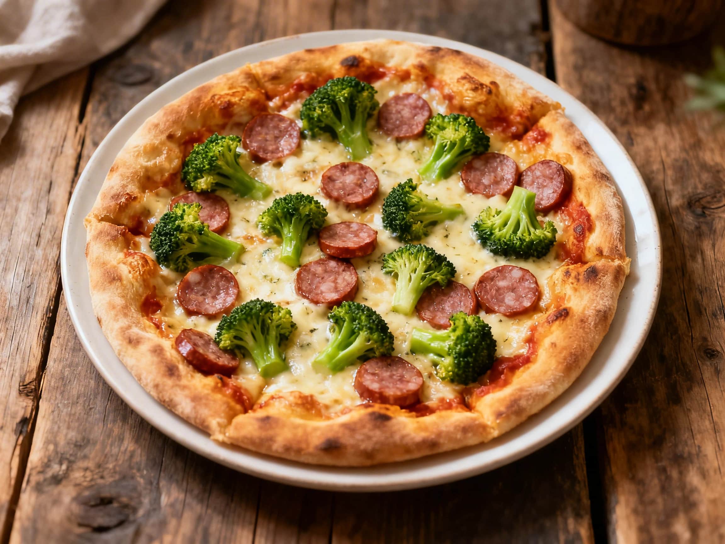 An exquisite Neapolitan pizza, freshly baked and presented on a rustic wooden board, features a perfectly charred and blistered crust. The vibrant toppings include savory crumbled Italian sausage, bright green, tender broccoli rabe, and generous dollops of melted, bubbly mozzarella cheese. A scattering of red chili flakes adds a subtle hint of spice. This dish embodies the rustic charm and authent