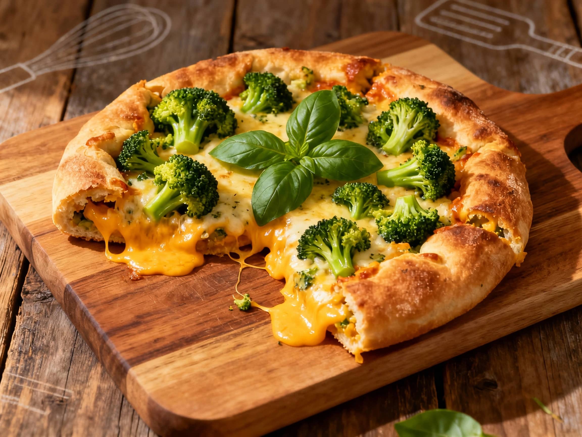 An overhead view of a freshly baked Broccoli Cheddar Stuffed Pizza in a cast-iron skillet, golden brown and puffed. One slice is removed and tilted, showcasing the rich, creamy filling of green broccoli florets and melted orange cheddar cheese. The crust is visibly crispy, and the filling looks incredibly moist and savory. The scene is warmly lit, suggesting a comforting homemade meal.