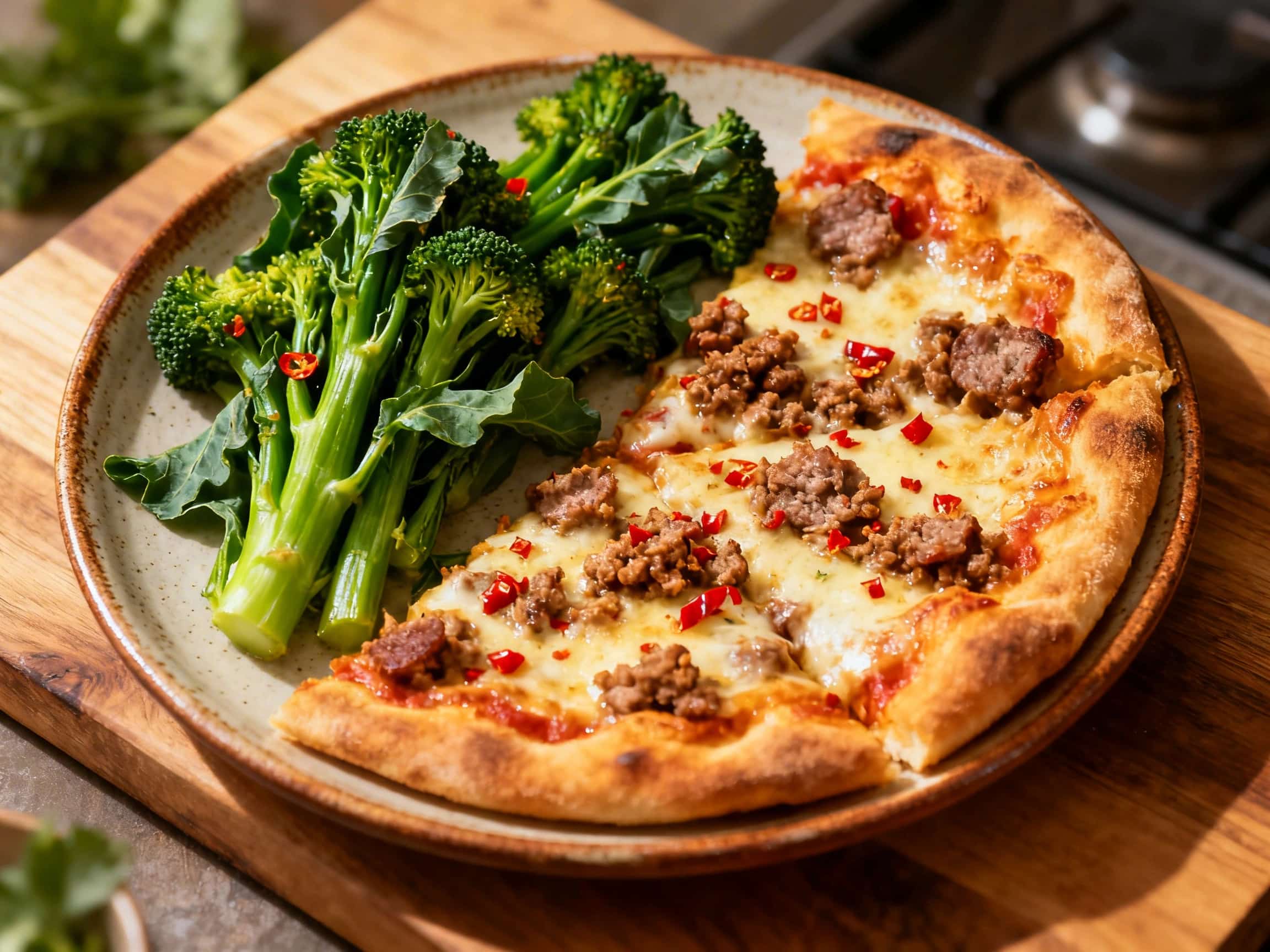 A large, square slice of Sicilian pizza showcasing its thick, golden-brown crust, generously piled with bright green broccoli rabe, rich crumbled Italian sausage, and an abundance of melted, bubbly mozzarella cheese. The pizza sits on a rustic wooden cutting board, with other slices blurring softly in the background, suggesting a family-style meal. The toppings are vibrant and textured, with hints