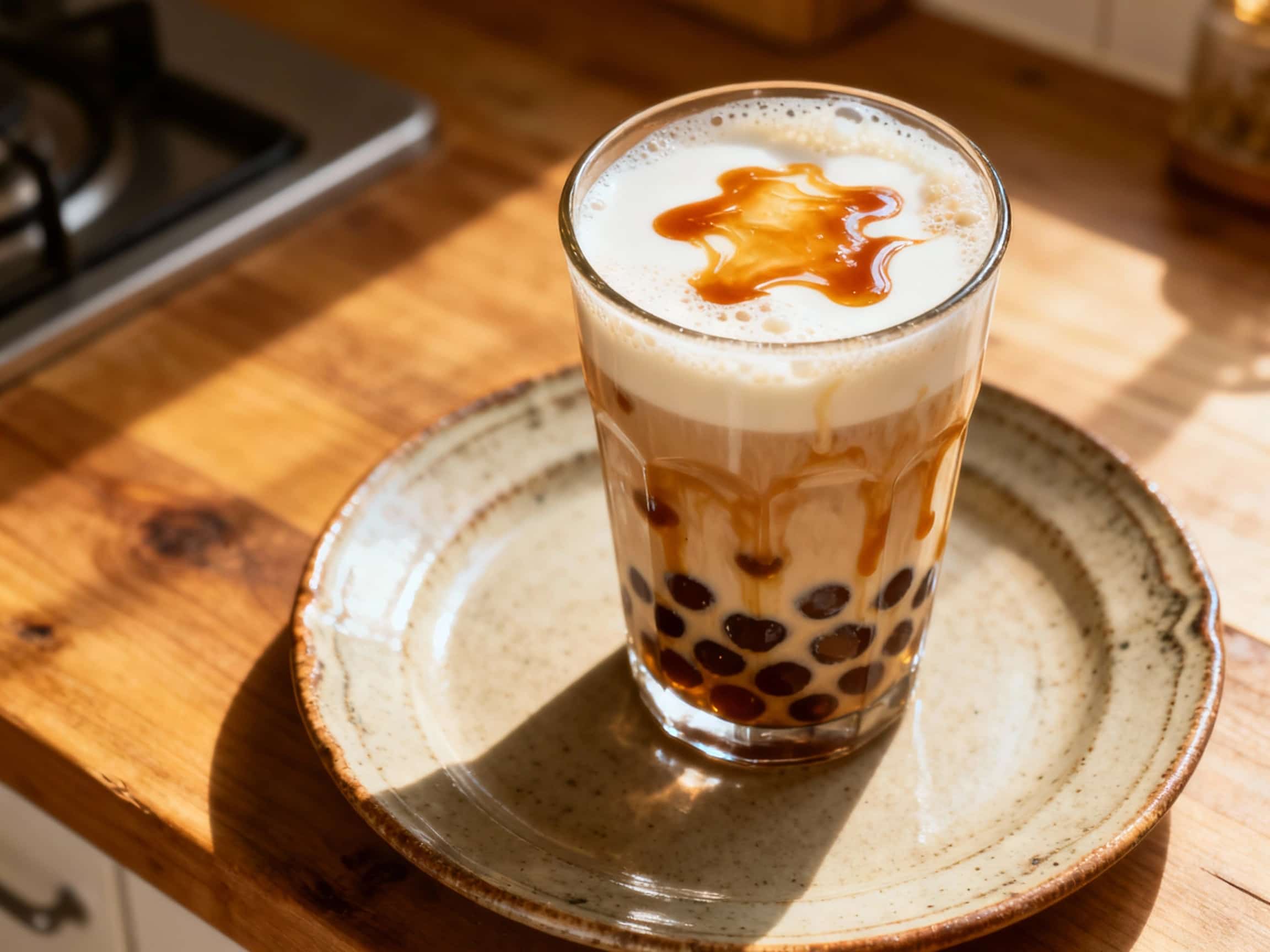 Creamy, caramelized brown sugar pearl milk is served in a clear glass, showcasing the dark, chewy boba pearls at the bottom and the pale, rich milk above, possibly with a drizzle of caramel.