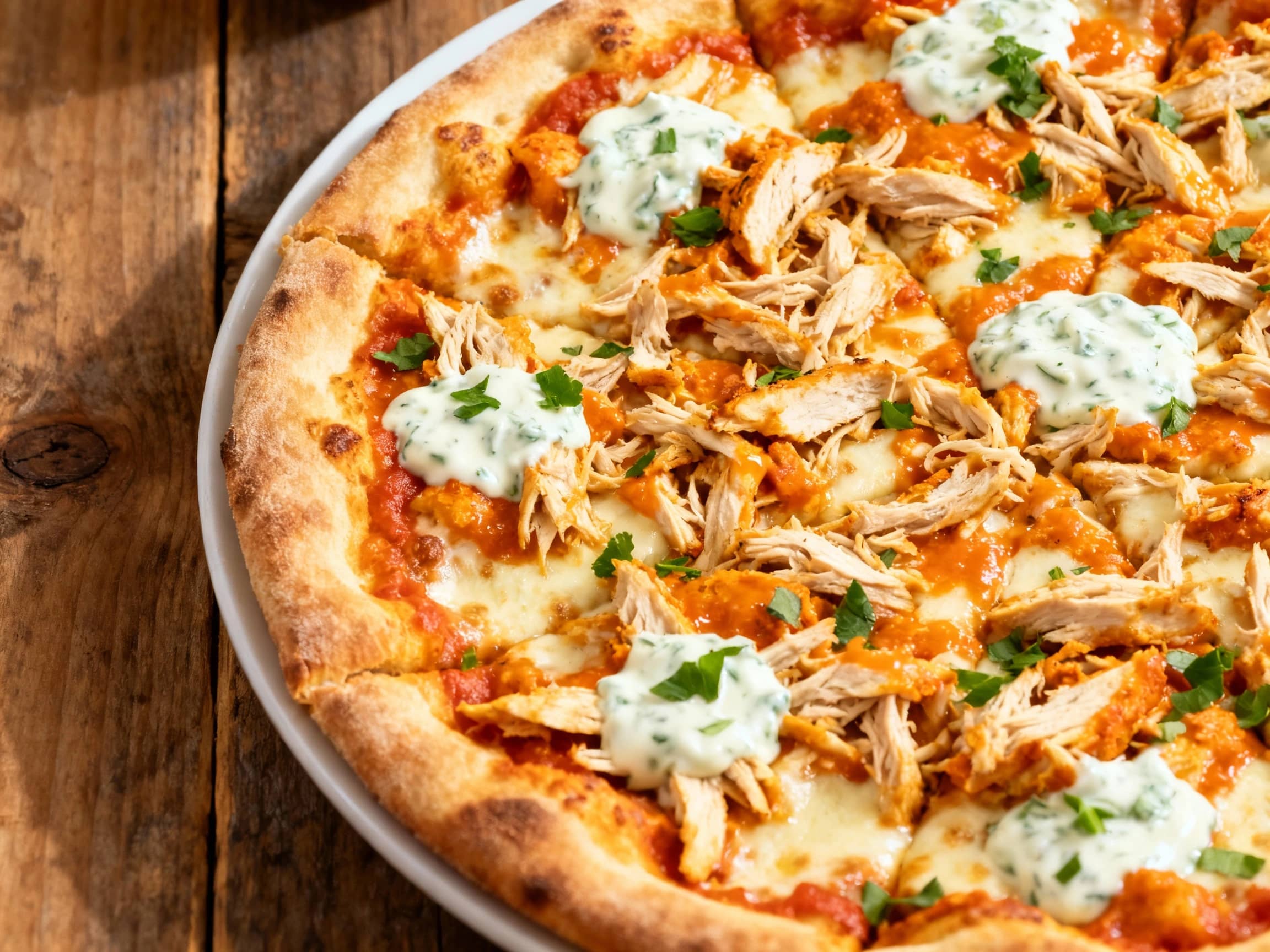 A golden-crusted New York-style pizza is generously topped with shredded buffalo chicken, creamy ranch dressing, and melted mozzarella, with a sprinkle of fresh chives adding a pop of green.