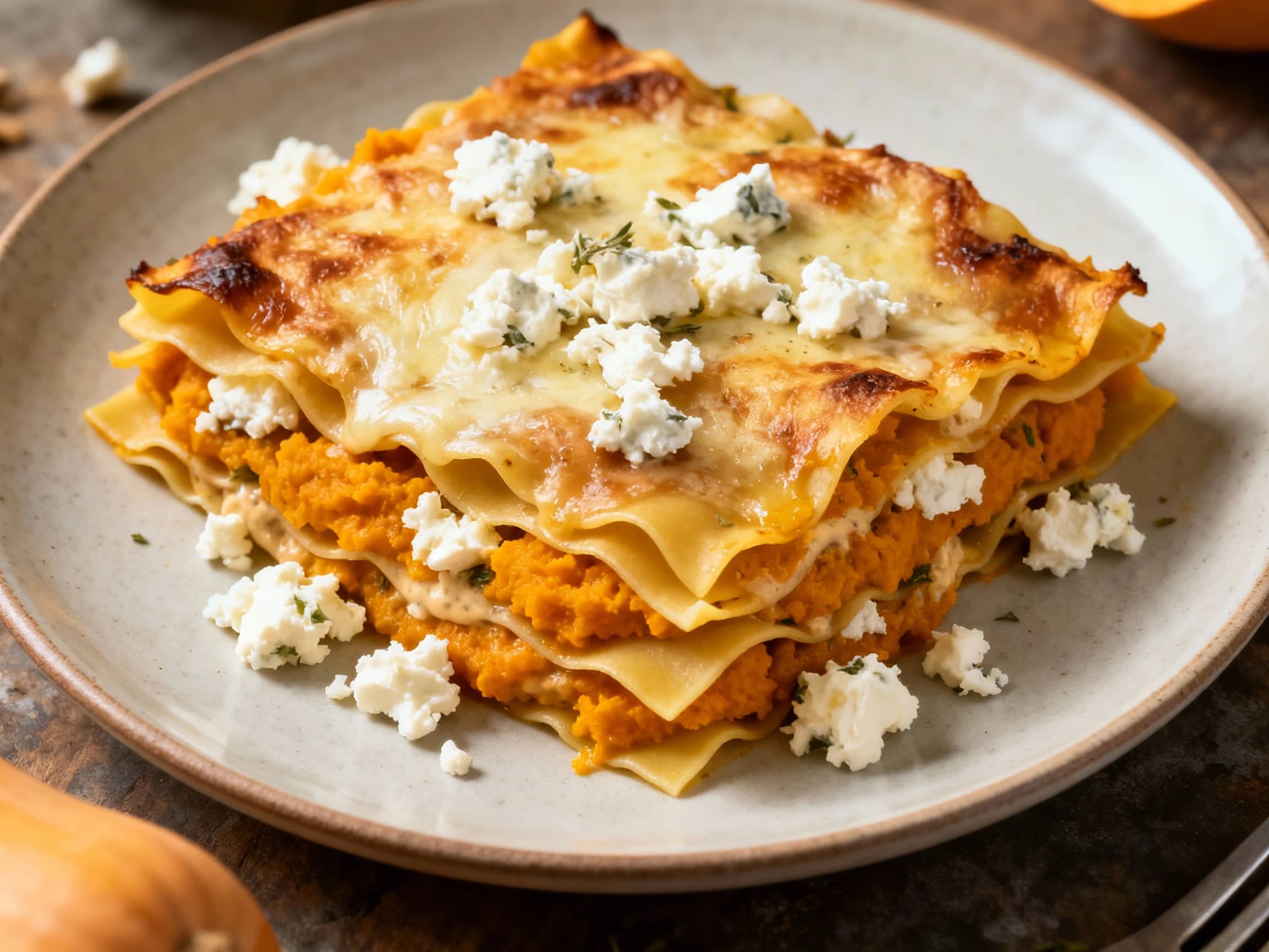 An inviting, close-up overhead view of a hot butternut squash and goat cheese lasagna, baked to a golden-brown perfection in a rustic ceramic dish. The top layer of mozzarella and Parmesan cheese is melted, bubbly, and slightly caramelized, with vibrant fresh sage leaves garnishing the top. The steam gently rises, suggesting its warmth and comforting aroma, making it appear ready to be served for