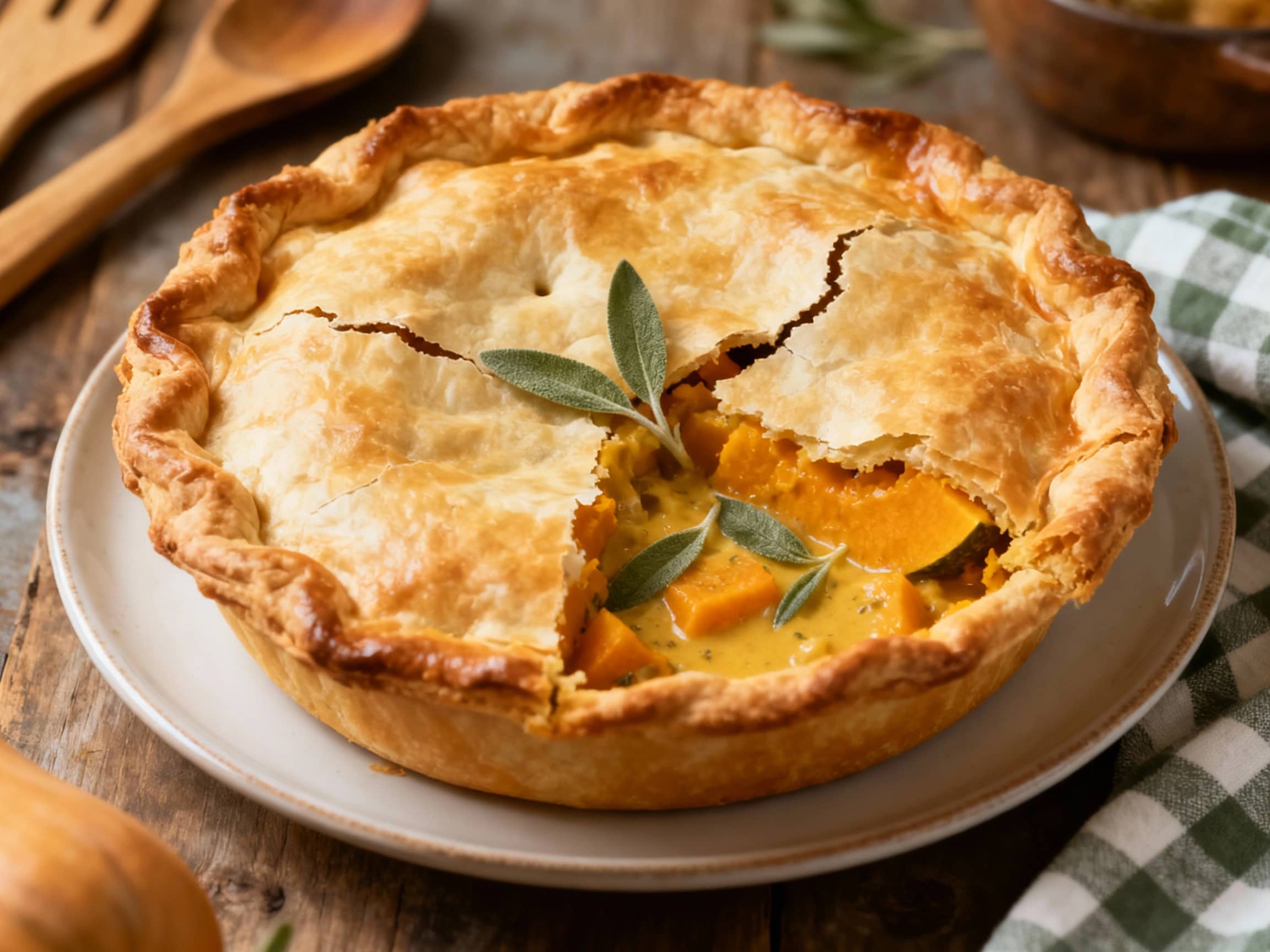 A golden-brown, individual pot pie sits on a rustic wooden surface, its flaky crust dotted with fresh sage leaves and steam gently escaping.