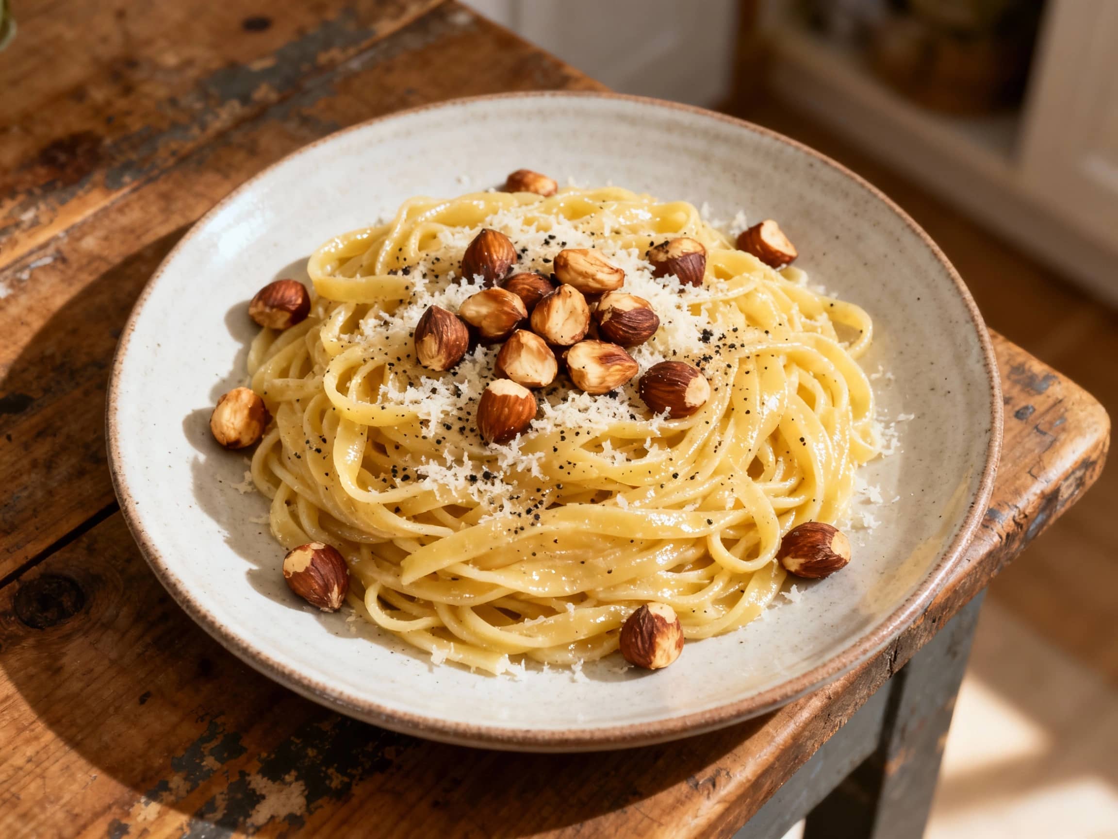 Buckwheat pasta coated in a creamy, peppery sauce is tossed with toasted chopped hazelnuts, artfully plated in a rustic bowl, creating an inviting and elegant dish.