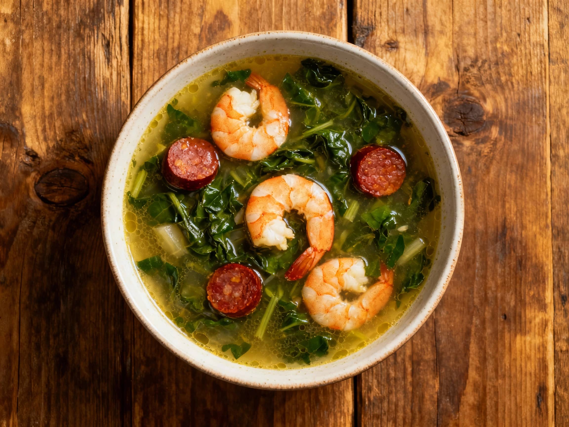 A steaming bowl of vibrant green Portuguese kale soup, Caldo Verde, is generously topped with slices of spicy chorizo, plump shrimp, and a drizzle of olive oil.