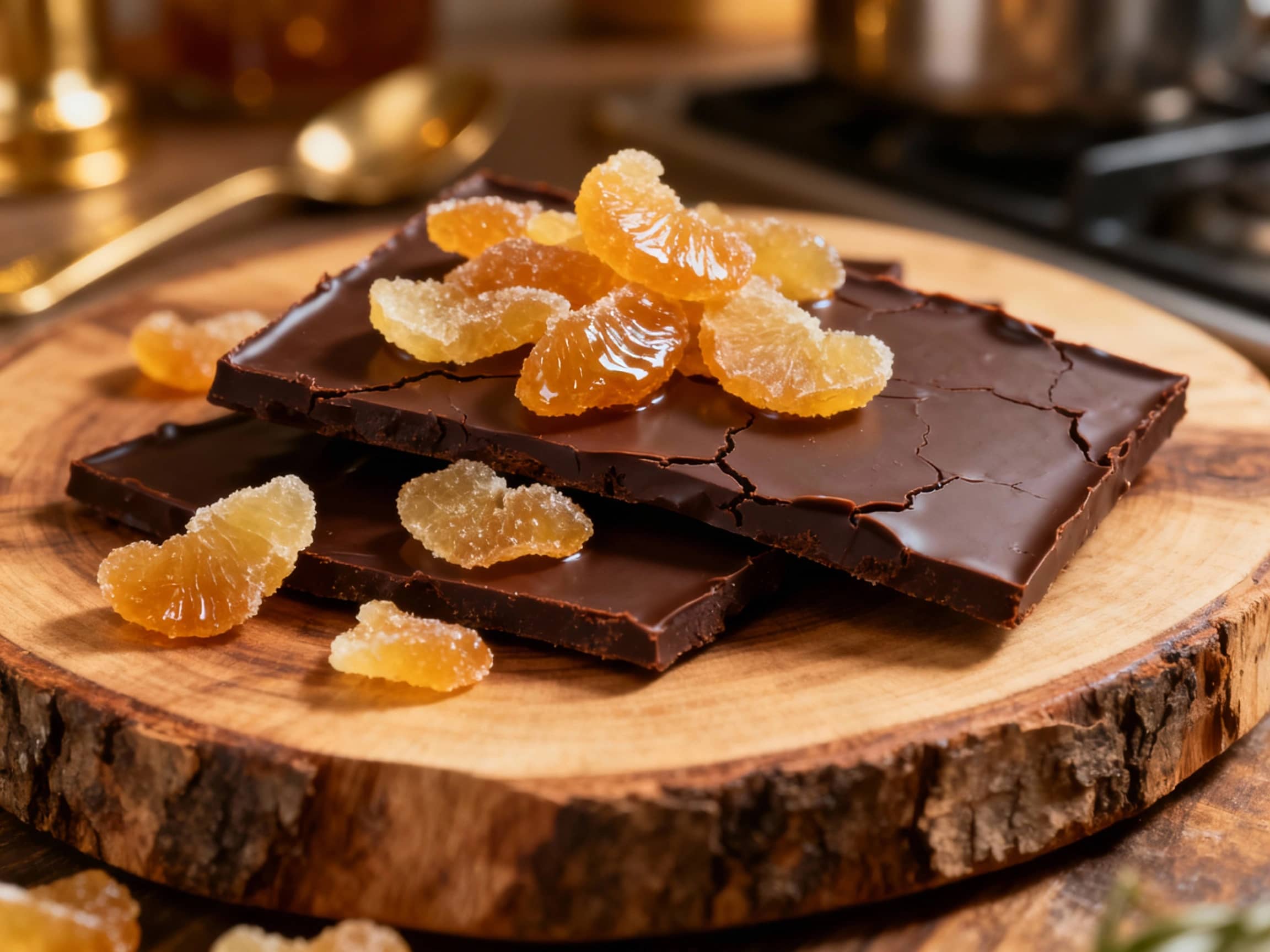 Rich, dark chocolate bark is generously studded with crystallized ginger pieces and drizzled with melted dark chocolate, creating a sweet and spicy treat against a parchment paper background.