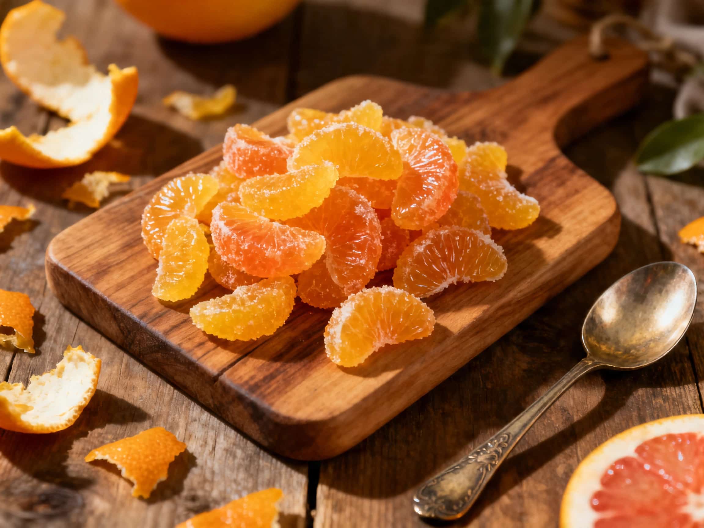 A rustic ceramic bowl, viewed from directly above, filled with vibrant, translucent candied grapefruit peel gems, each sparkling with a coating of fine granulated sugar. The gems exhibit a range of yellow to pale orange hues. They are piled artfully in the bowl, which sits on a white marble surface, with a scattering of sugar crystals nearby, evoking a refined, homemade confectionery treat.