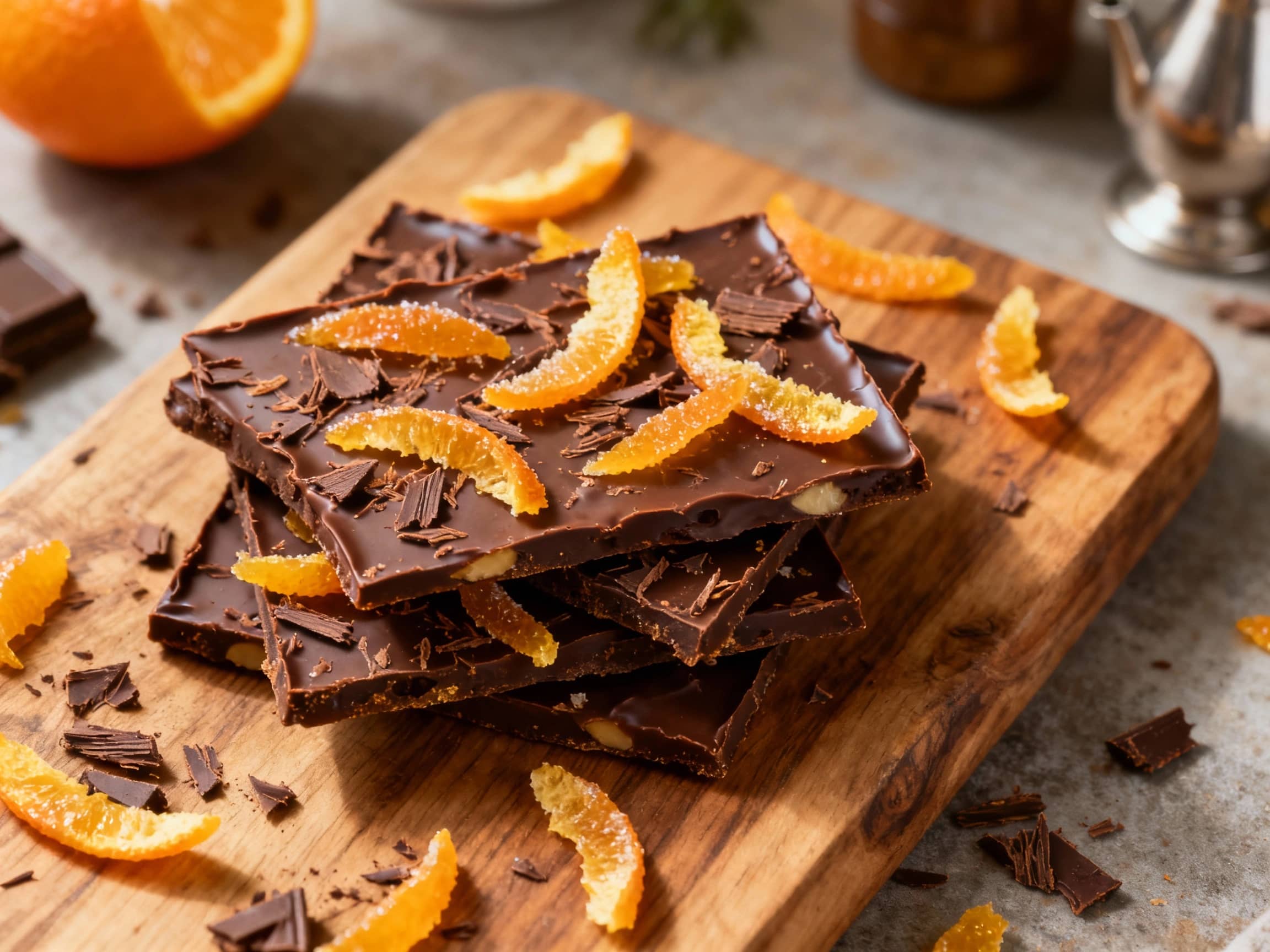 Rich, dark chocolate bark is topped with glistening strips of intensely flavored candied orange peel, creating a visually striking contrast of deep brown and vibrant citrus orange.