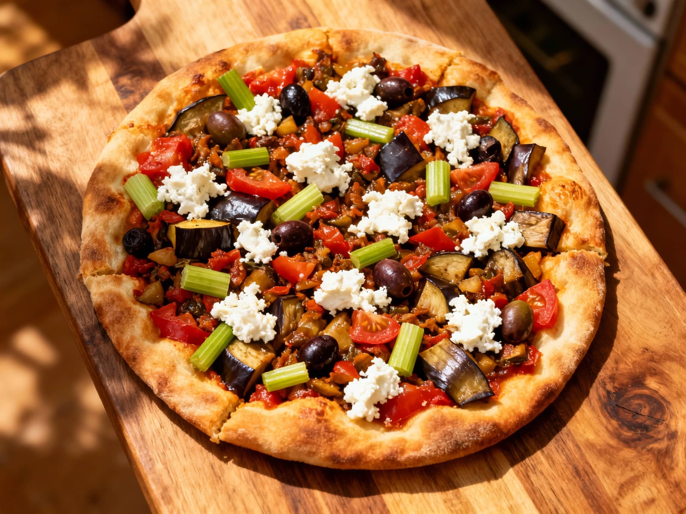 A rustic rectangular Sicilian pizza, featuring a thick golden crust. It's generously laden with a vibrant caponata relish, showcasing tender eggplant, tomatoes, olives, and capers. Crumbled goat cheese is distributed across the top, showing slight melting and browning. The pizza is garnished with fresh green basil leaves and a delicate drizzle of dark balsamic glaze, all presented on a textured wo