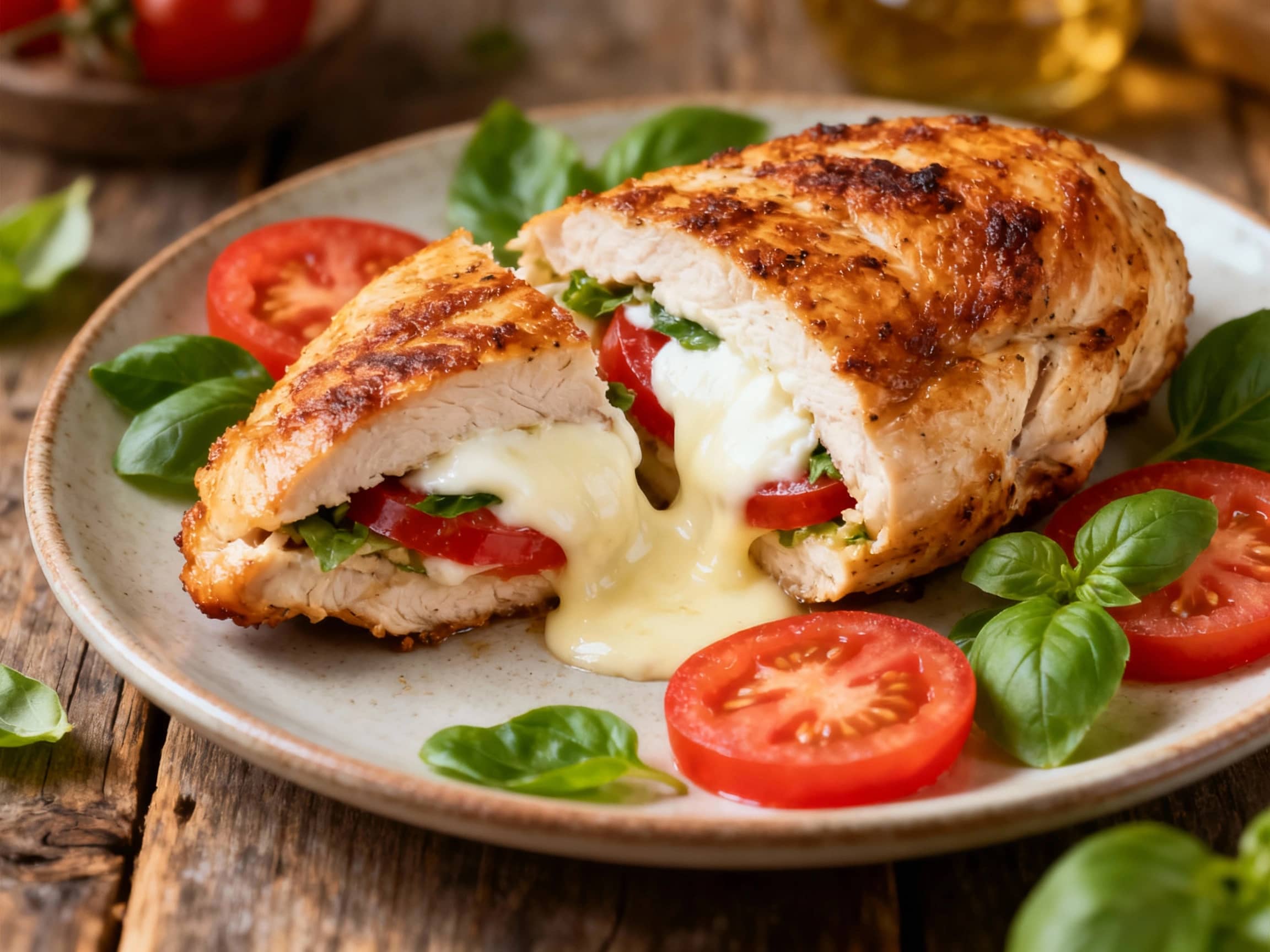 A golden-brown chicken breast is slit open and stuffed with vibrant, fresh mozzarella and ripe red tomatoes, drizzled with balsamic glaze and garnished with green basil leaves.
