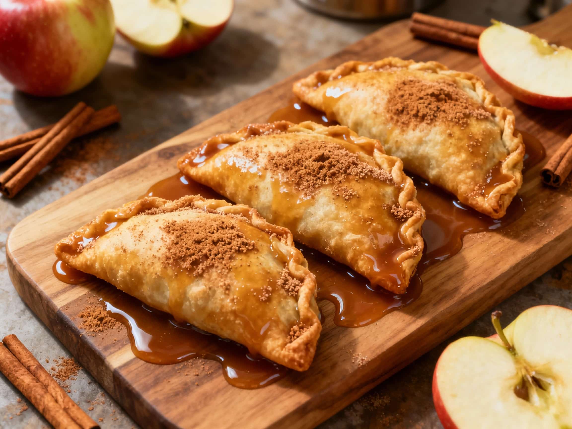 Golden brown, crescent-shaped empanadas dusted with cinnamon sugar sparkle, resting on a rustic wooden board with a few scattered apple slices, suggesting a delightfully sweet and cozy dessert.