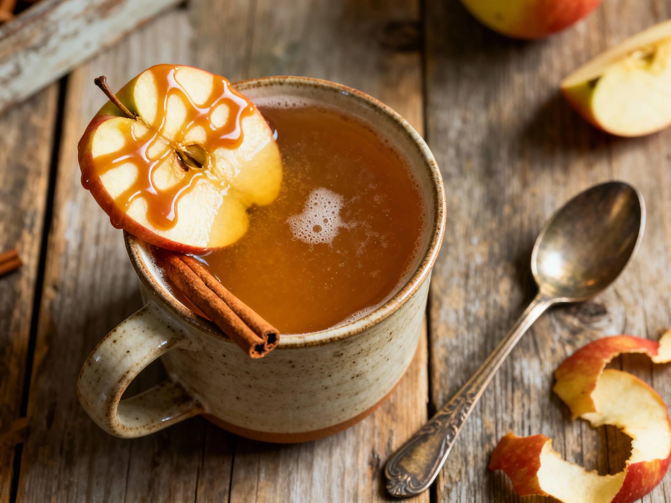 A delicious Caramel Apple Whiskey Toddy in a clear glass mug, emitting gentle steam. It's garnished with a cinnamon stick, a star anise pod, and a fanned apple slice, all resting on the drink's surface. The background is a soft, warm blur, suggesting a cozy, dimly lit indoor setting, inviting viewer to experience its comforting warmth and festive aroma. The beverage appears rich amber, indicating
