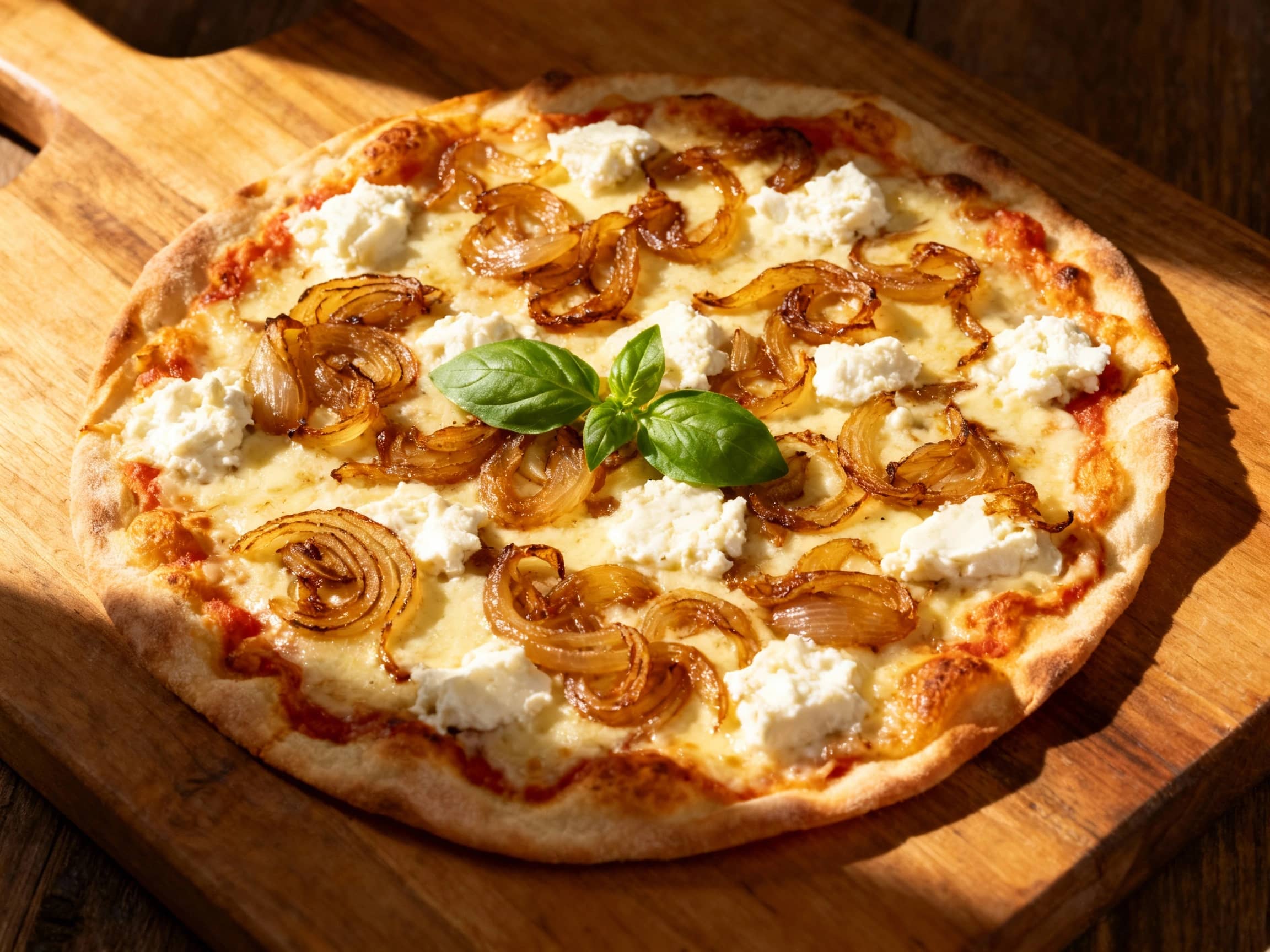 A close-up of a freshly baked Roman thin-crust pizza, featuring a golden, bubbly crust. The surface is richly covered with tender, deeply caramelized onions. Creamy white goat cheese, melted into irregular dollops, contrasts with the amber onions. Sprigs of fresh green thyme are scattered over the top, and a dark, glossy balsamic glaze is lightly drizzled across the pizza, enhancing its gourmet ap