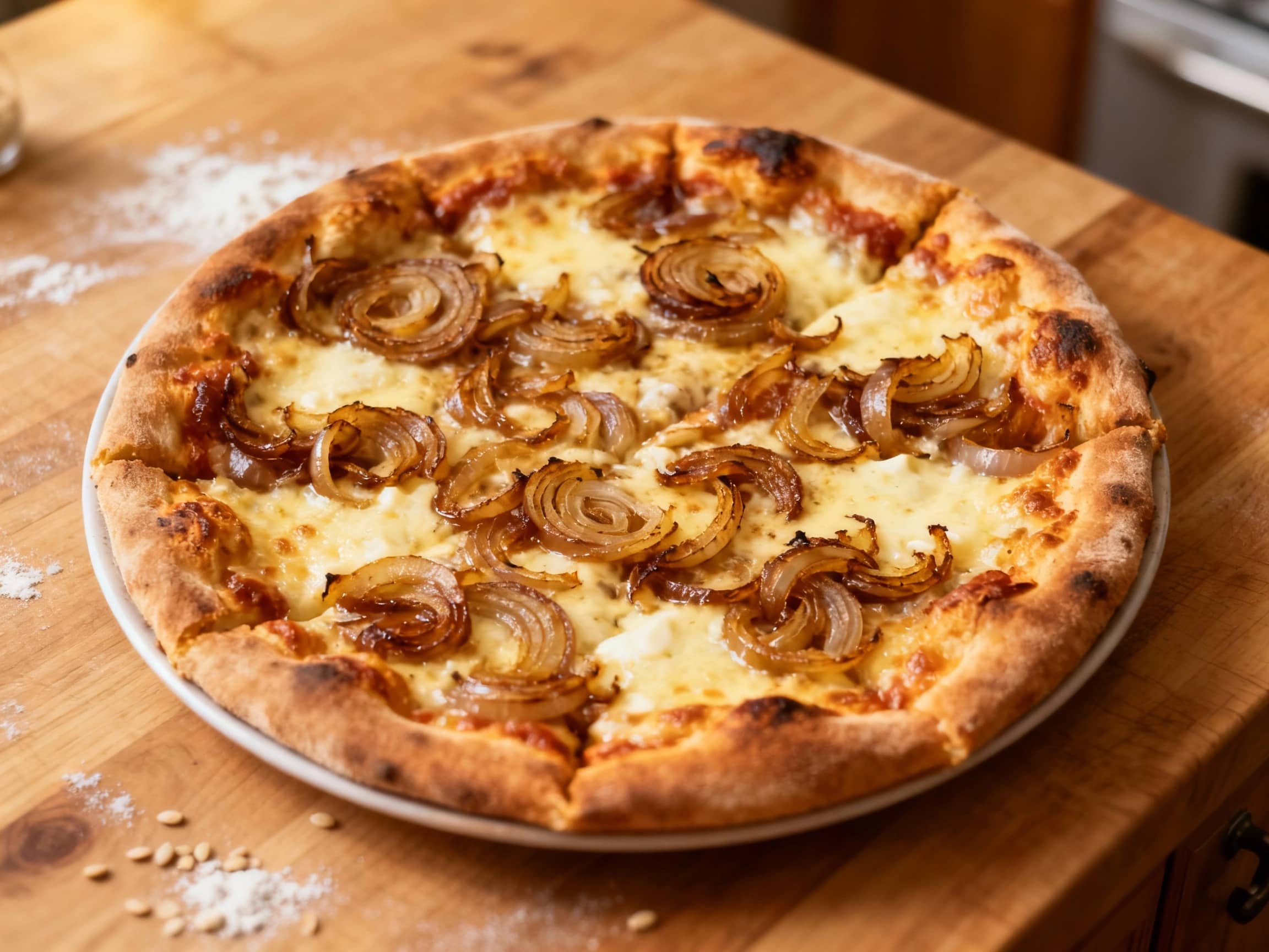 A rustic-style pizza with a golden-brown crust is topped with deeply caramelized onions, melted Gruyere cheese, and fresh herbs, creating a warm and inviting aroma.