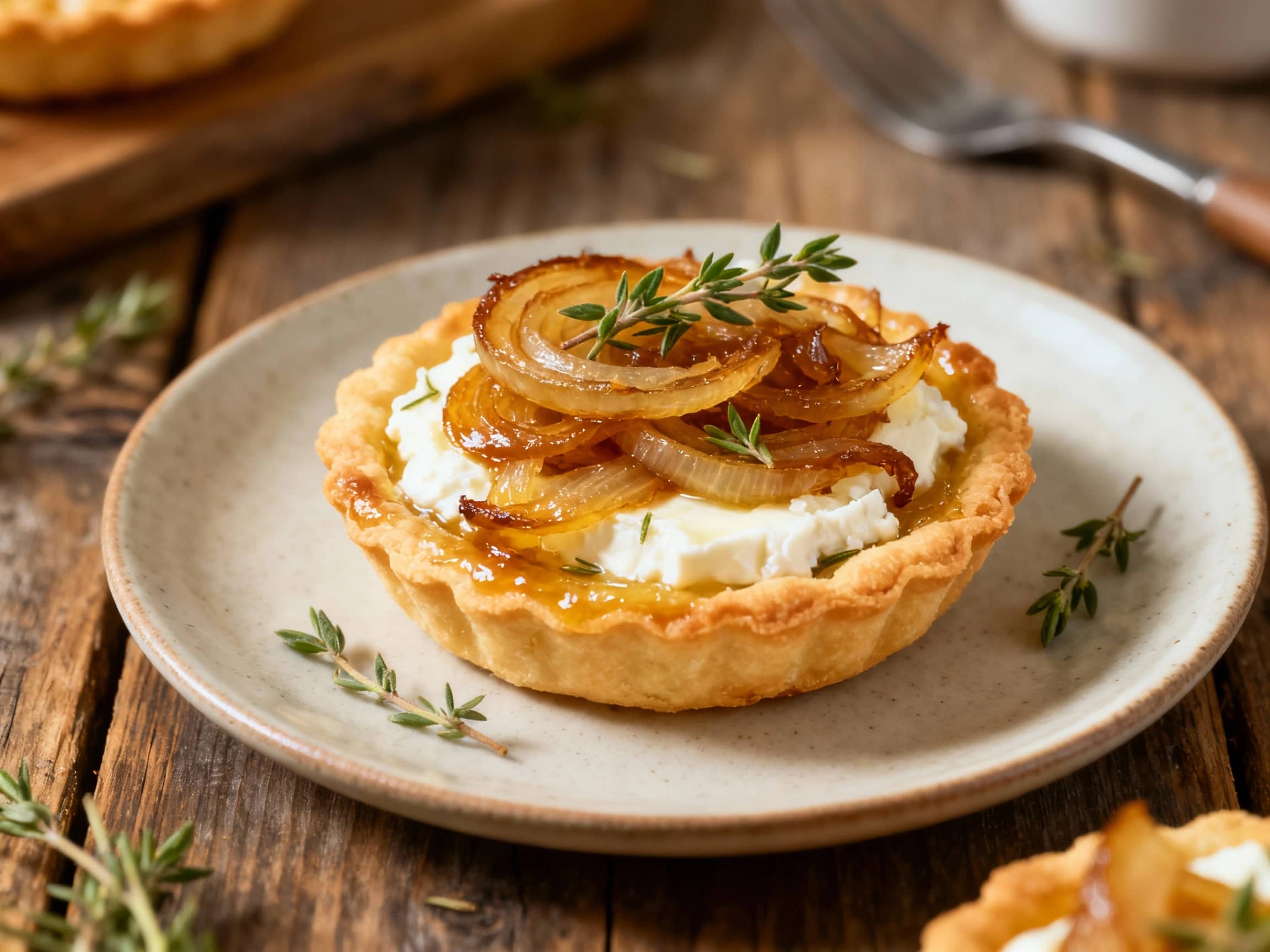 Golden brown tartlets rest on a rustic wooden board, their flaky crusts filled with deeply caramelized onions and creamy goat cheese, all sprinkled with fresh thyme.