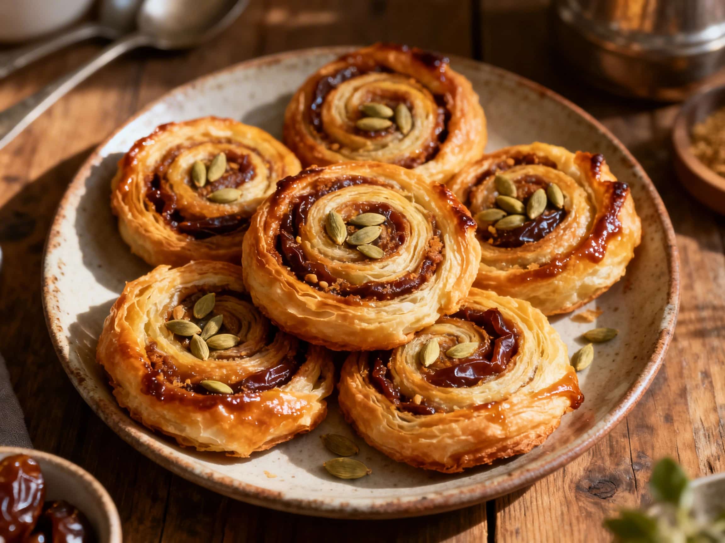 Golden brown, spiraled puff pastry pinwheels bursting with a dark, sweet date and spice filling, elegantly arranged on a rustic wooden board. The flaky layers of the pastry are clearly visible, contrasting with the soft, chewy interior. The lighting is warm and inviting, enhancing the pastries' golden hue and creating an enticing, freshly baked appearance.