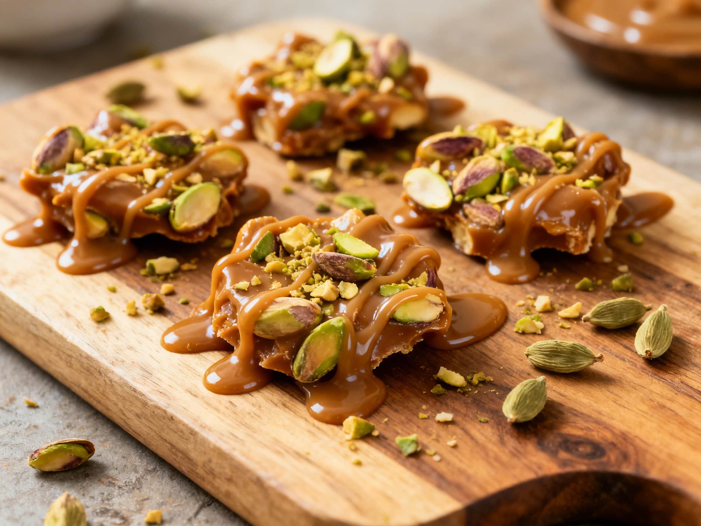A close-up, overhead view of artisan-style golden caramel clusters studded with bright green pistachios, presented on a dark slate board. The clusters have an inviting, slightly irregular shape, highlighting the rich texture of both the sweet caramel and the crunchy nuts. A delicate dusting of fragrant cardamom powder adds a subtle aromatic accent to the confection. The arrangement suggests a hand