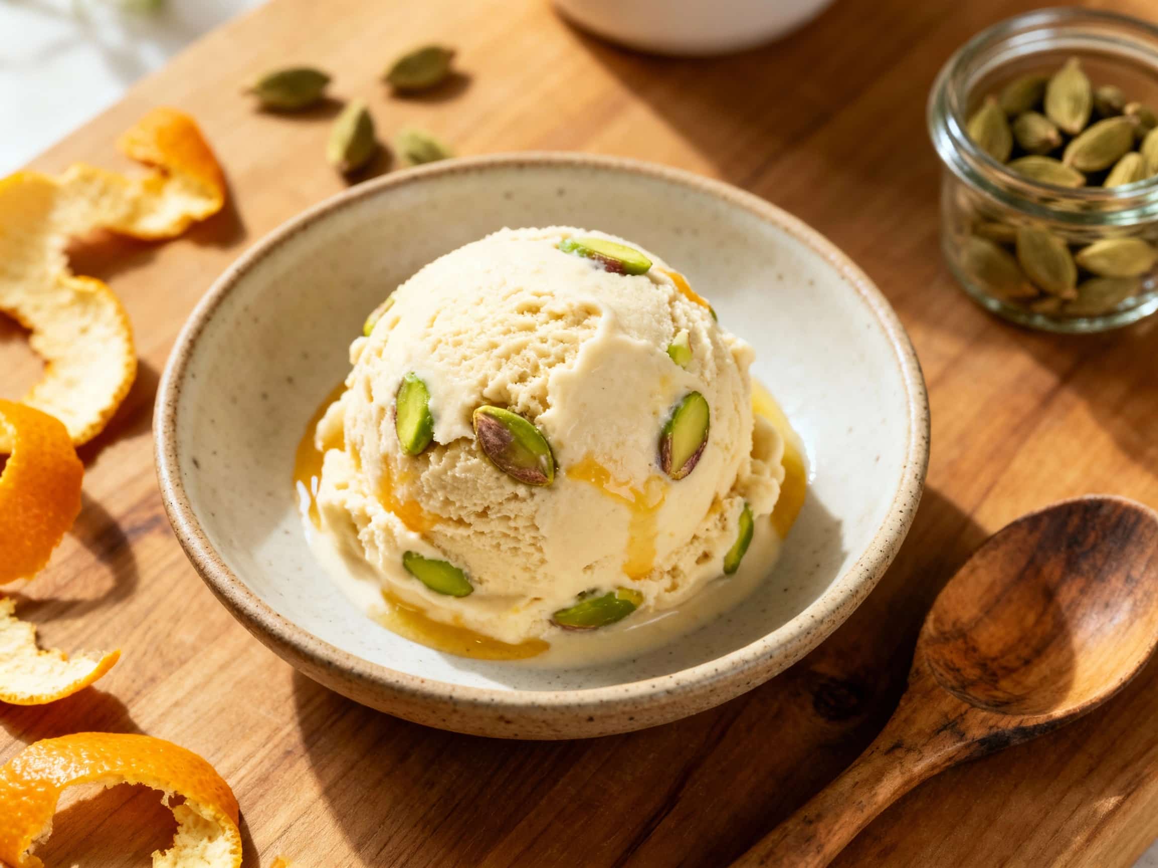 A beautiful scoop of pale green cardamom pistachio orange blossom ice cream, served in a delicate clear glass bowl, resting on a pristine white marble counter. The ice cream is generously flecked with chopped dark green pistachios and delicately adorned with edible orange blossoms, enhancing its exotic appeal. A faint dusting of cardamom powder adds to the aromatic visual.