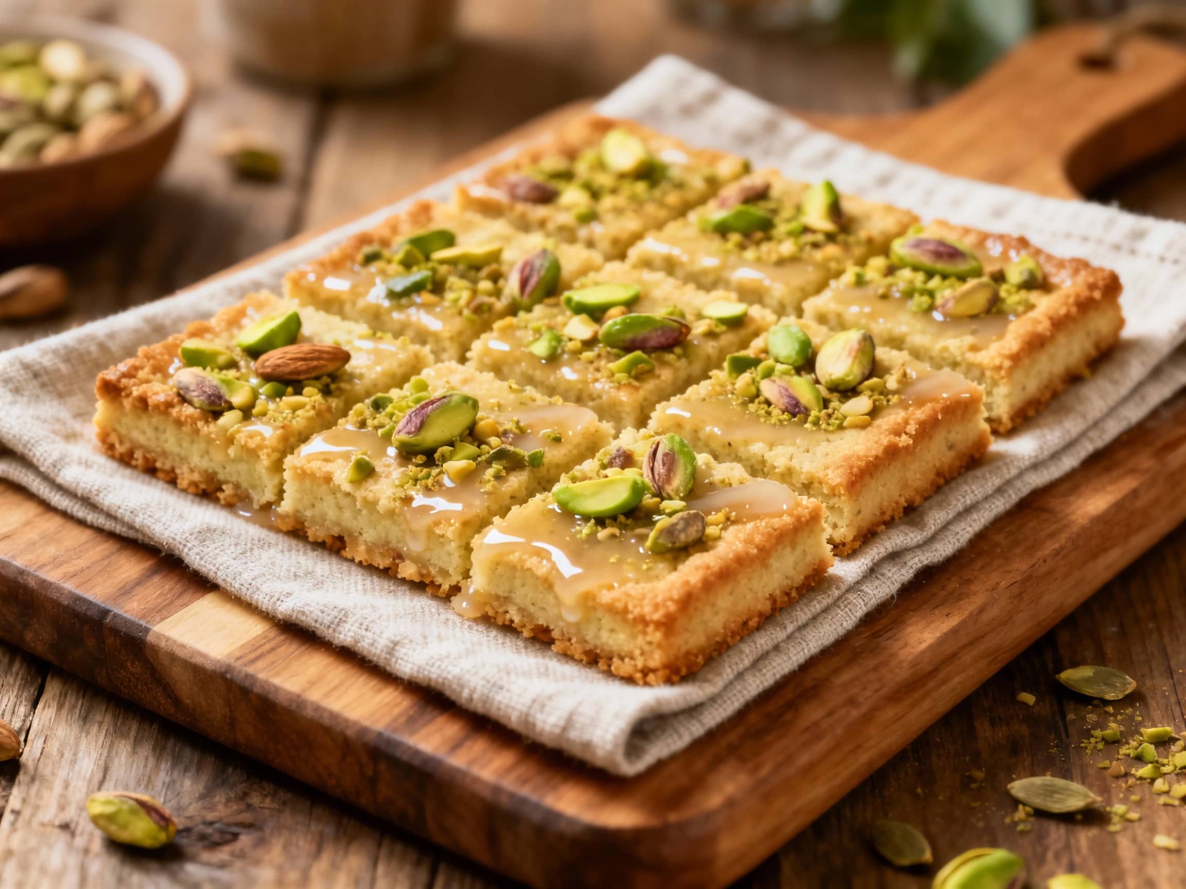 Golden-brown cardamom pistachio shortbread bars are cut into neat squares and arranged attractively on a rustic wooden board, dusted with a delicate scattering of finely chopped pistachios and a hint of powdered sugar.