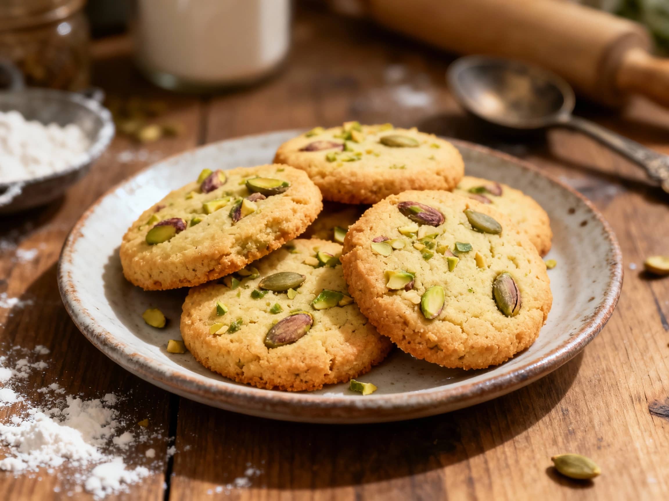 Golden-brown cardamom pistachio shortbread cookies, glistening with a subtle sheen, are artfully arranged on a rustic wooden board, invitingly crumbly and dusted with finely chopped pistachios.