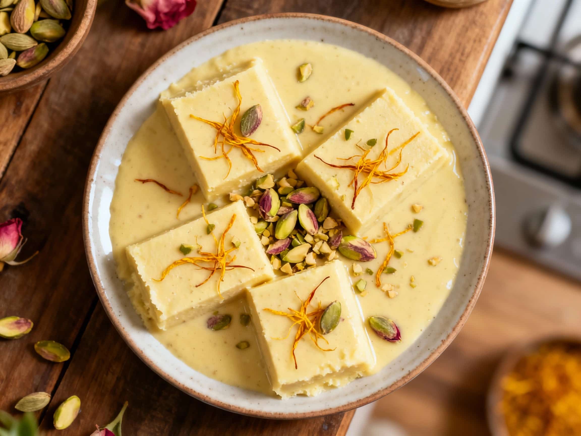 Creamy, conical cardamom rose kulfi rests on a small white plate, topped with a vibrant scattering of golden saffron pistachios for a cool, elegant Indian dessert.