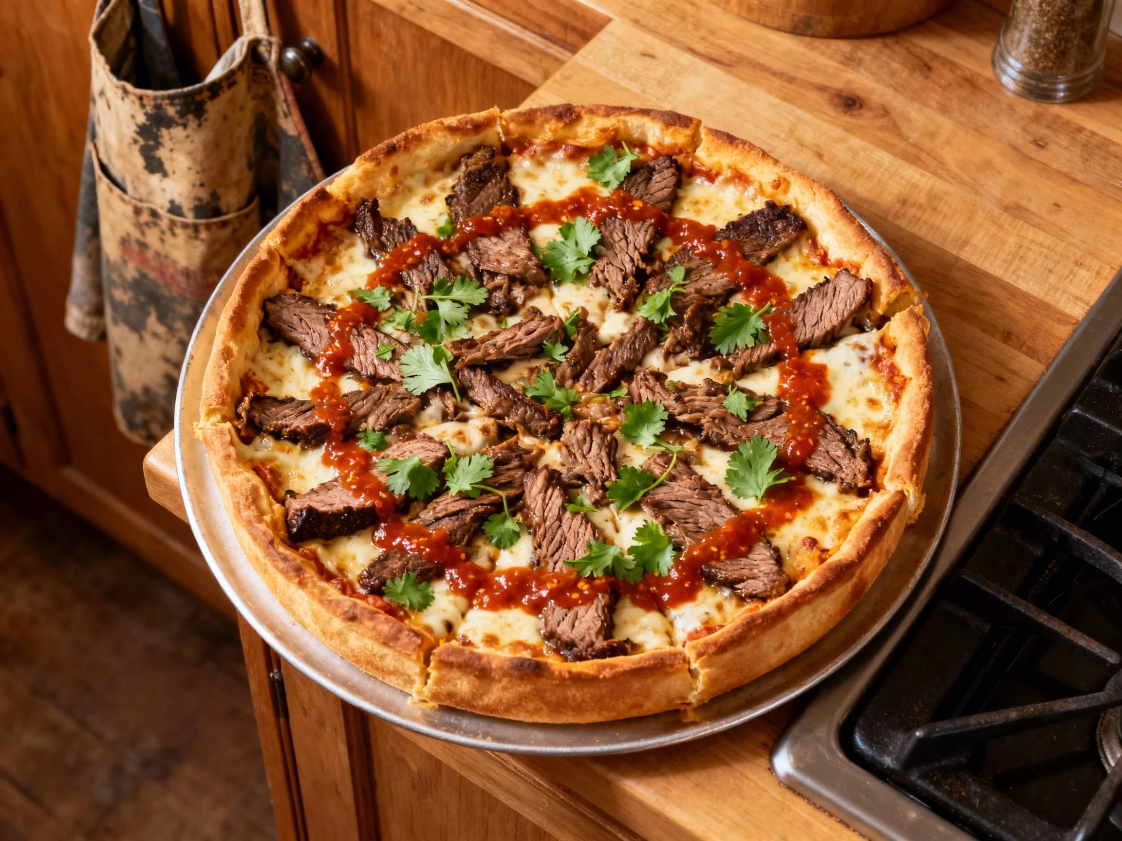 An enticing overhead view of a thick slice of Carne Asada Chicago Deep Dish Pizza. The deeply golden, buttery cornmeal crust cradles a hearty filling of tender, seasoned carne asada, rich red tomato sauce, and glistening, melted mozzarella cheese. Fresh green cilantro leaves are sprinkled over the top, adding a pop of color and freshness. The cheese pulls slightly from the slice, showcasing its go
