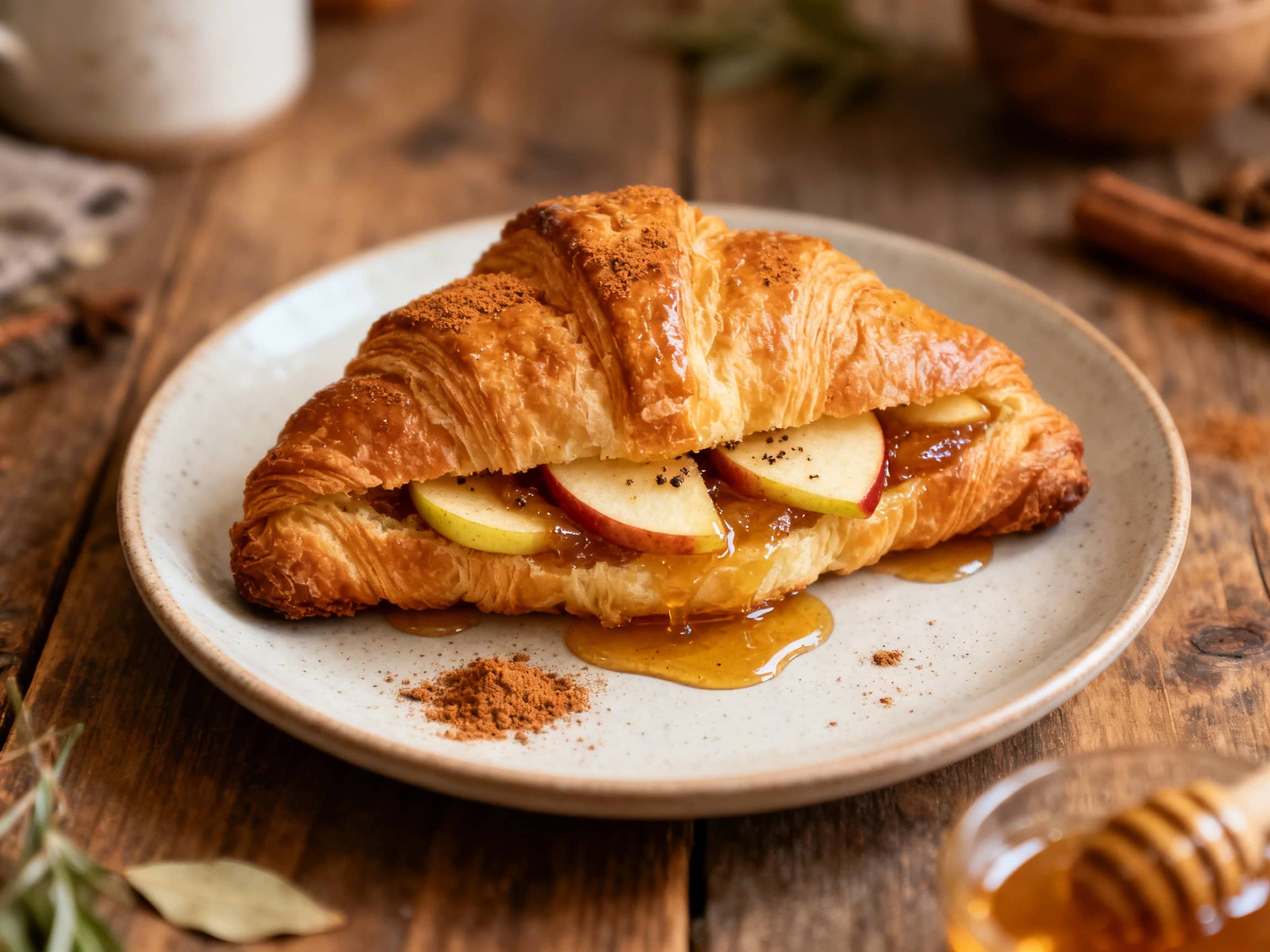 Two beautifully golden-brown Chai Spiced Apple Croissant Danishes sit on a rustic wooden board. The flaky, layered pastry encases a rich, warm spiced apple filling, visible at the center of one danish. A delicate dusting of white powdered sugar and a touch of cinnamon adorns the tops, adding to their inviting appearance. The danishes look fresh, warm, and utterly delicious, presented in a cozy, ru