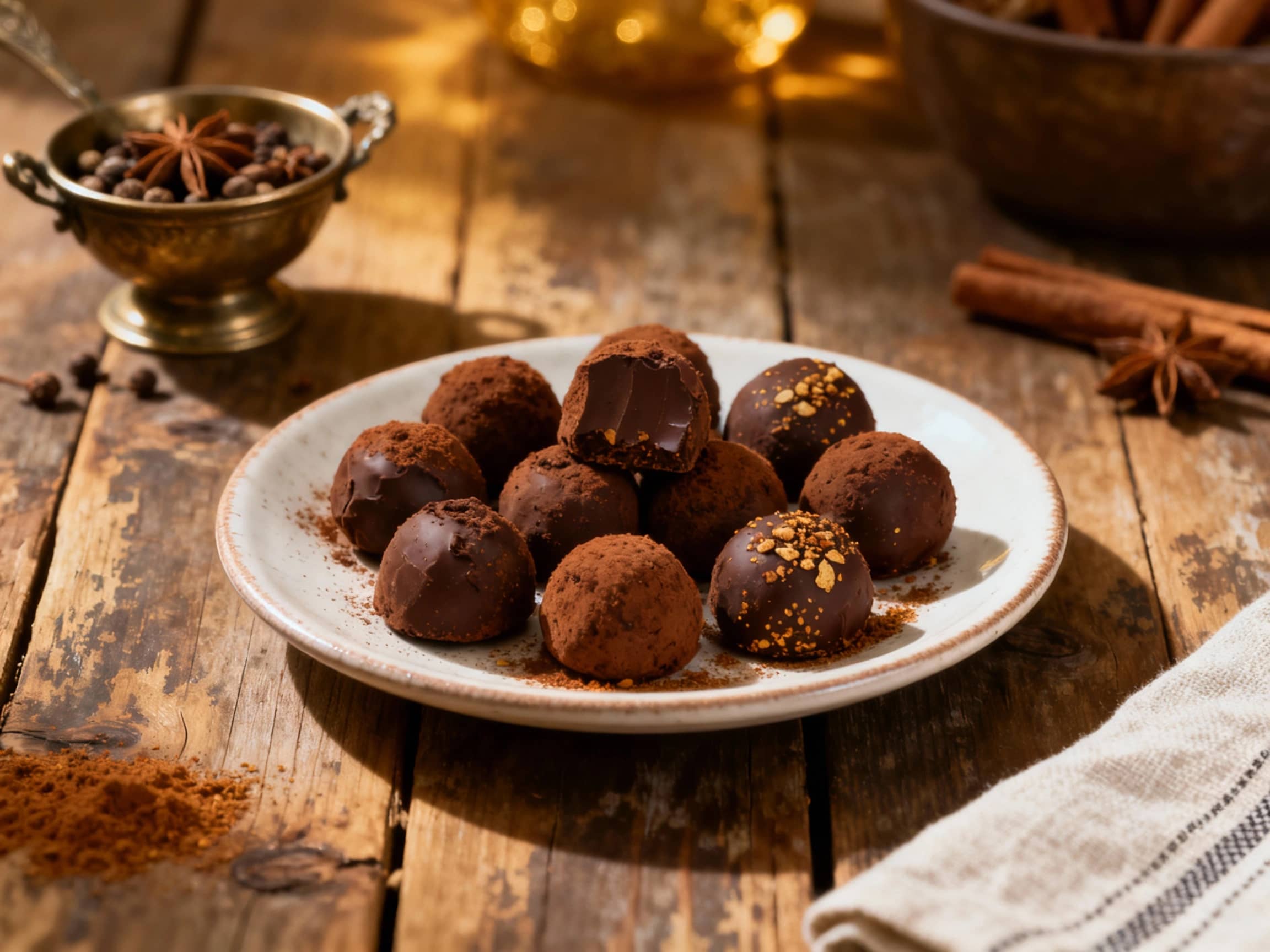 Rich, dark chocolate truffles dusted with cocoa powder and a hint of cinnamon sit invitingly on a rustic slate board, evoking a cozy, indulgent feeling.