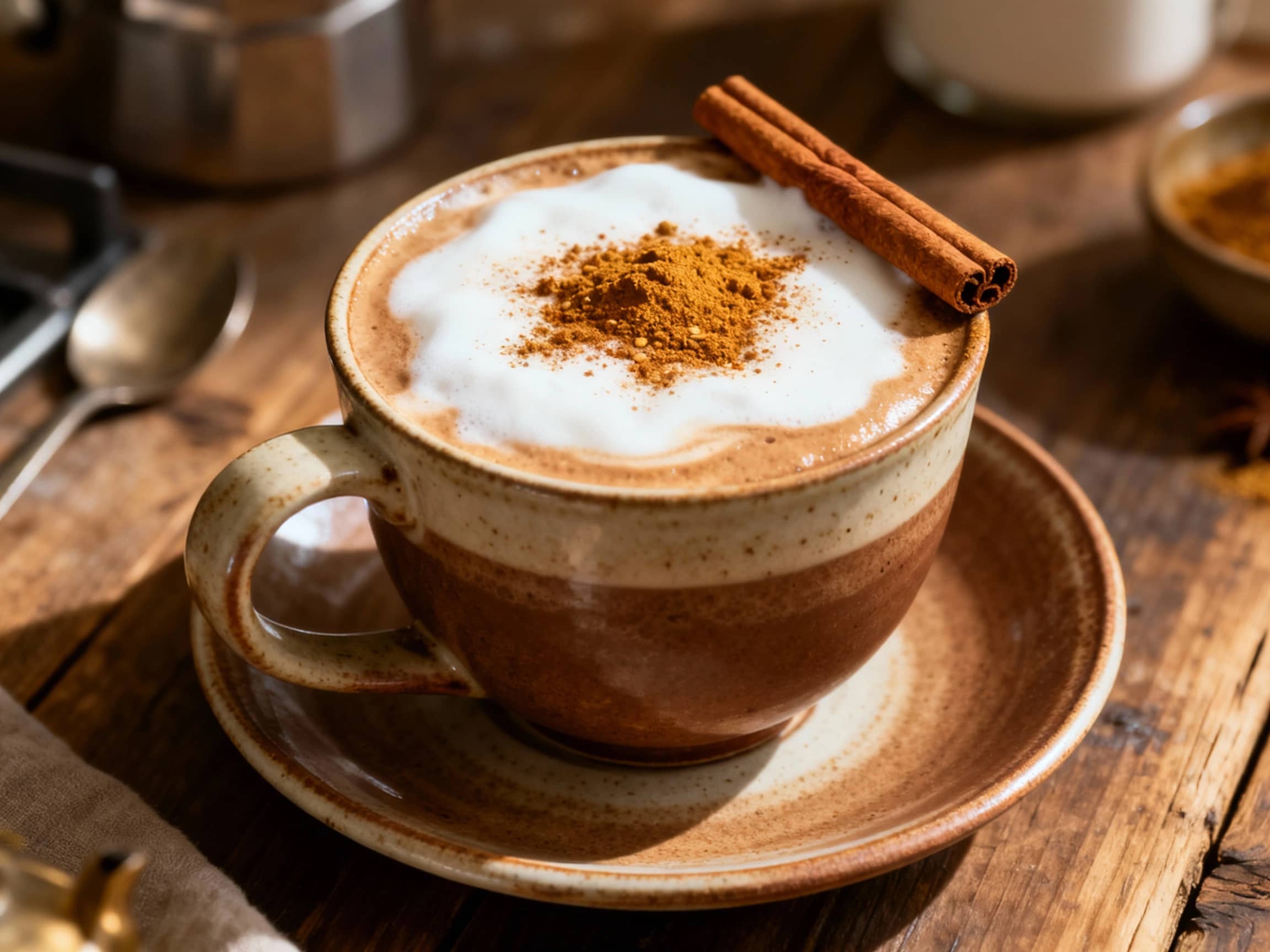 A warm, inviting Chai Spiced Mocha Latte in a ceramic mug, adorned with frothy milk, a sprinkle of cocoa, and a whole cinnamon stick. The mug sits on a rustic wooden surface with scattered chai spices, bathed in soft, bright morning light. The scene evokes comfort and warm indulgence, highlighting the rich texture of the latte and the aromatic spices.