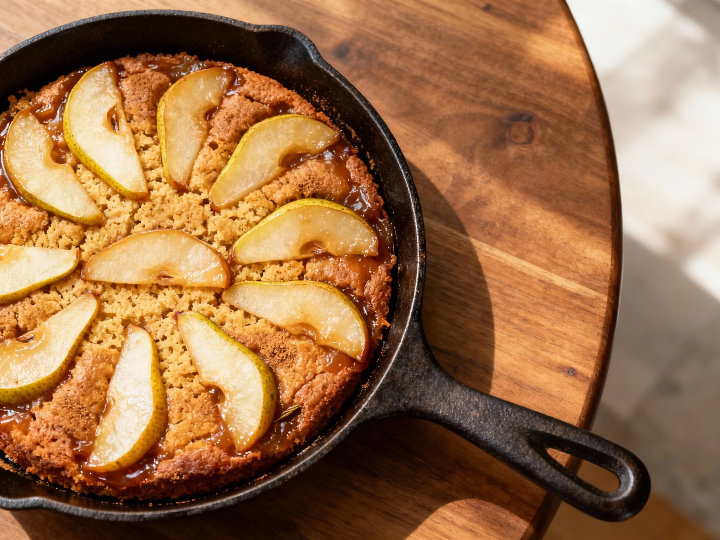 A beautifully golden-brown chai-spiced pear upside-down cake sits on a rustic wooden board, glistening with caramelized pears and a dusting of powdered sugar, evoking a warm and comforting dessert.