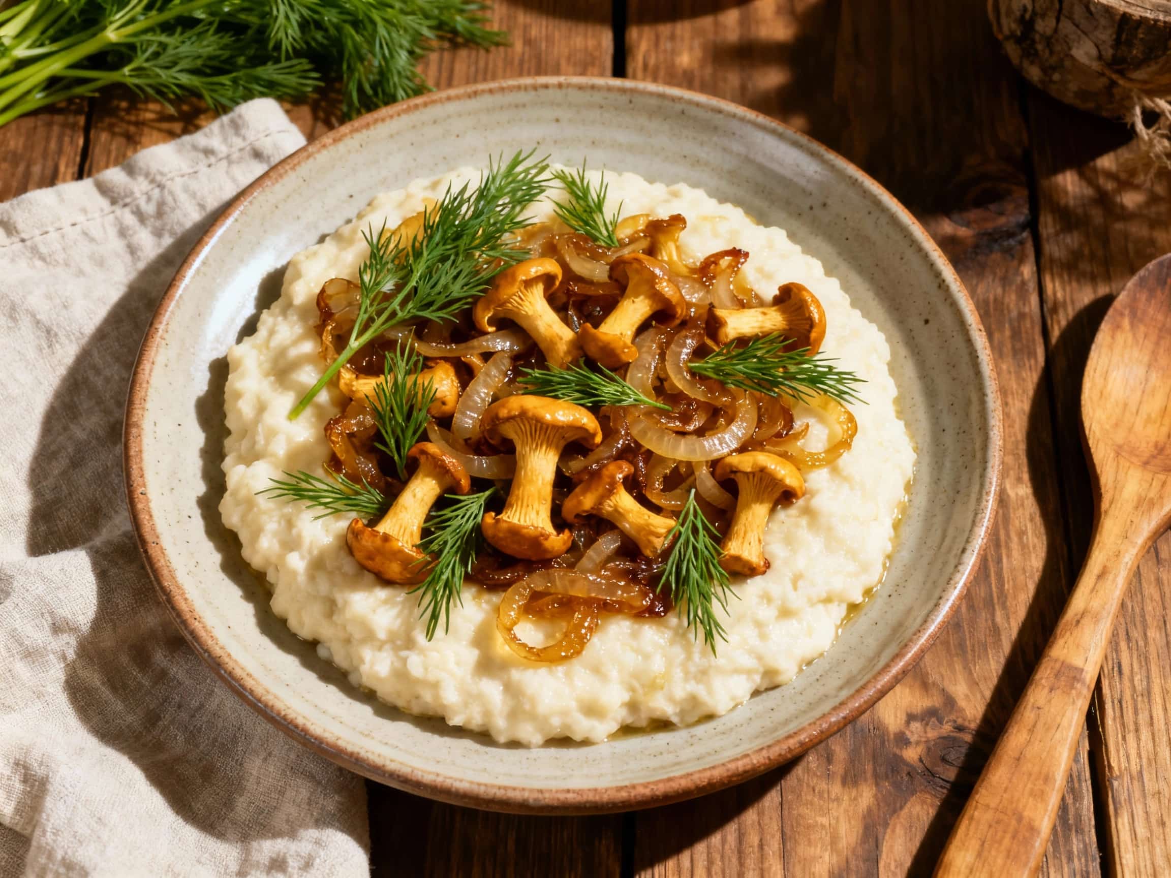 Golden, creamy banush is topped with glistening caramelized onions and a sprinkle of fresh dill, creating a comforting and rustic dish with a beautiful earthy aroma.
