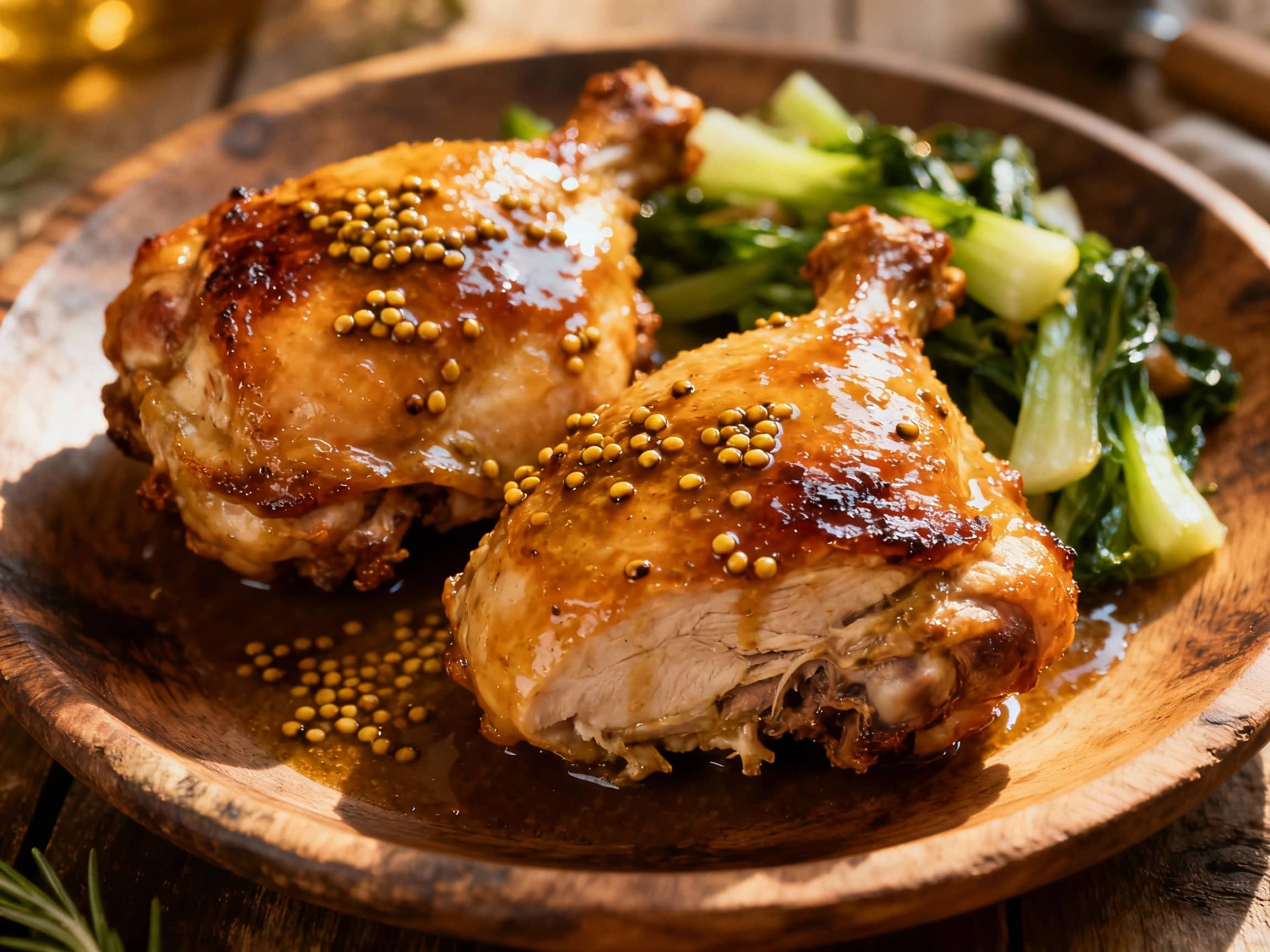 Tender, charred chicken thighs glisten with a deep brown, slightly sticky charbonnade glaze, topped with a dollop of grainy Dijon mustard and fresh parsley, ready to be served.