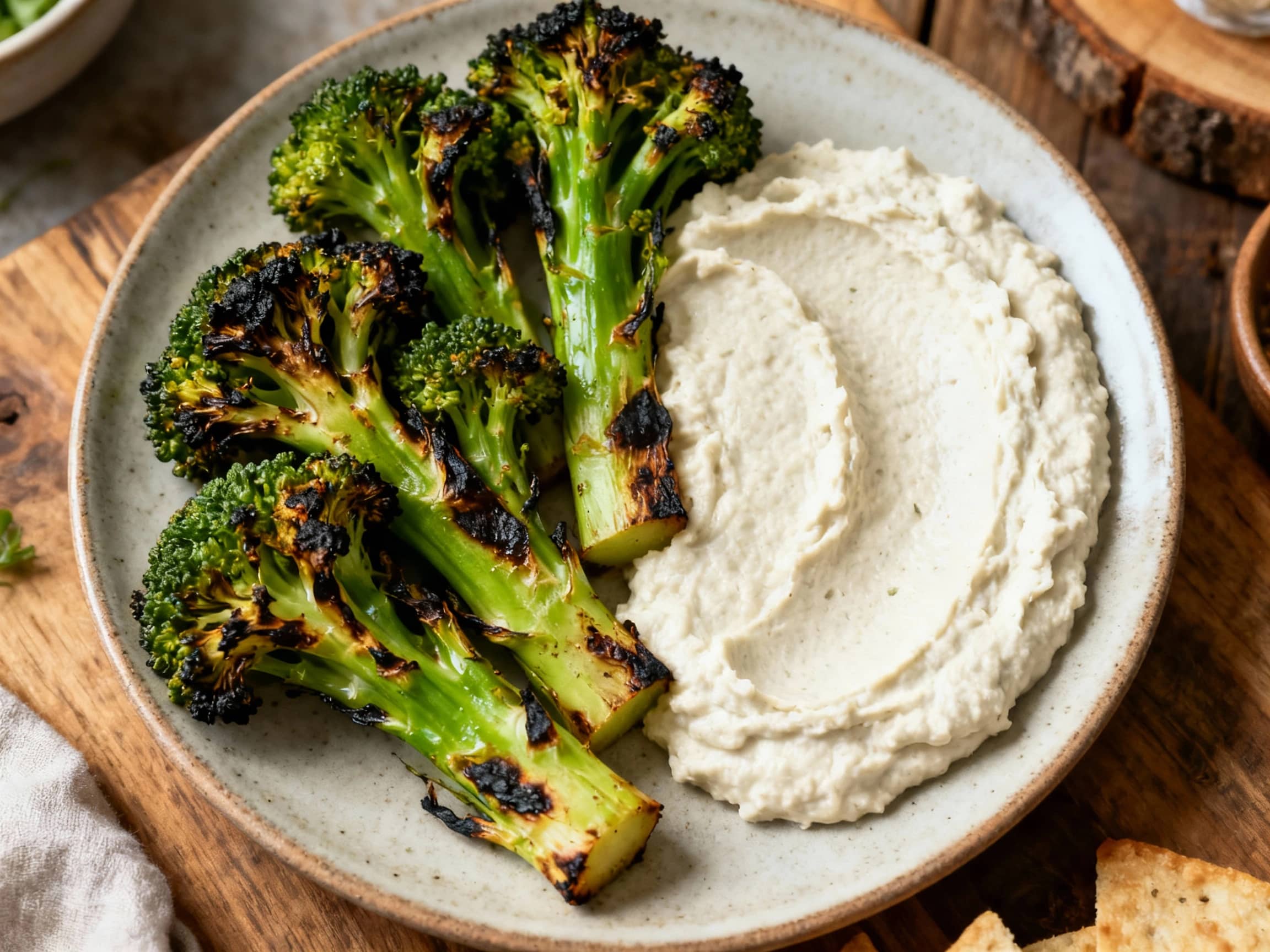 A vibrant platter showcases creamy charred broccoli and white bean dip topped with toasted pine nuts, fresh parsley, and a drizzle of olive oil, arranged alongside golden pita chips and colorful bell pepper slices.
