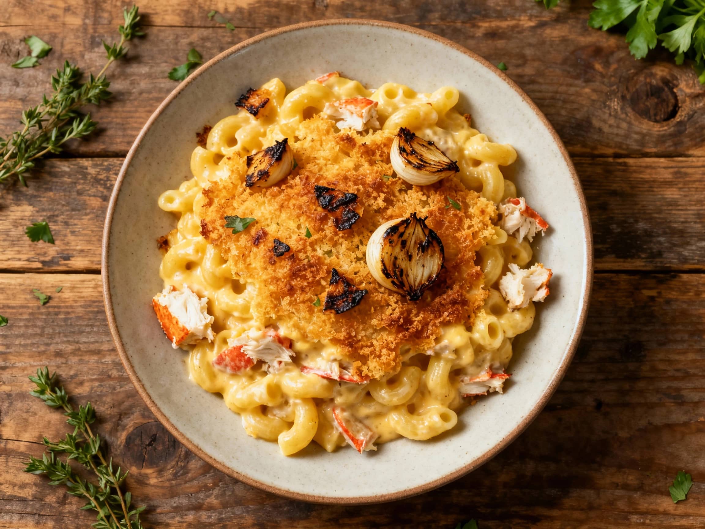 A luxurious and golden Charred Garlic Butter Crab Mac and Cheese fills a rustic ceramic baking dish, photographed from directly above. The top is a crispy, golden-brown crust of panko breadcrumbs, through which rich, creamy cheese sauce and visible chunks of sweet lump crab meat are peaking. A scattering of fresh chopped parsley provides a vibrant contrast against the warm, inviting tones of the b