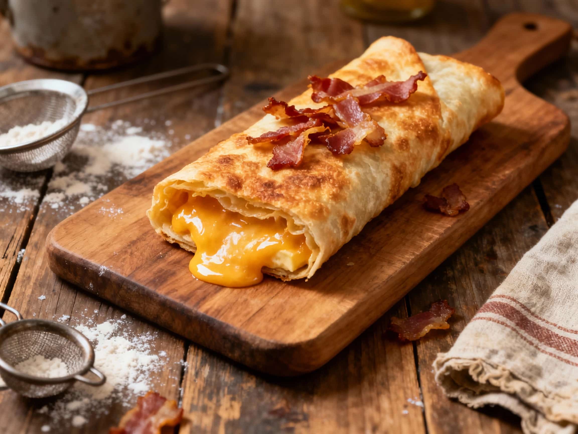 A crispy, golden-brown Cheese & Bacon Dan Bing roll is sliced and artfully arranged on a modern white plate, drizzled with a savory sauce and garnished with fresh green scallions.